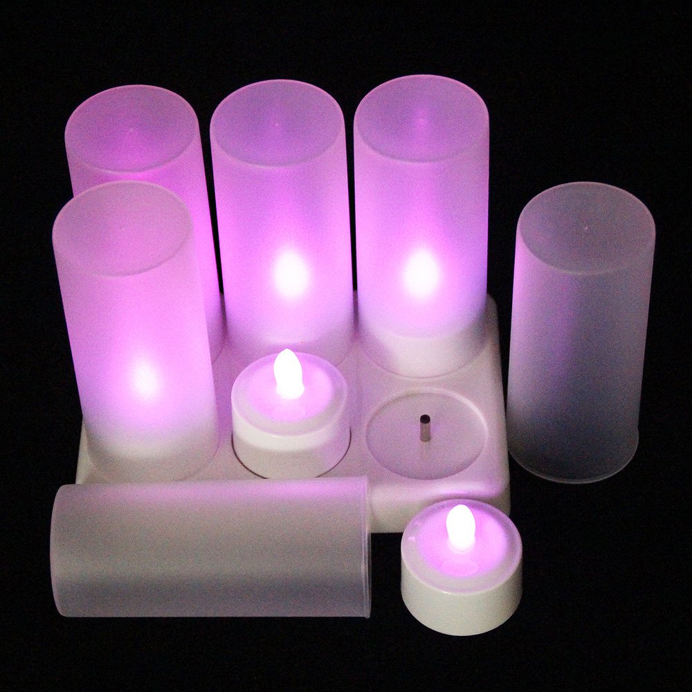 EuroFone LED Flameless Candles - Rechargeable Flickering Tea Lights with Charging Station & Holder, 6-Pack Purple for Christmas, Wedding, Party, Home Decor & Romantic Ambiance