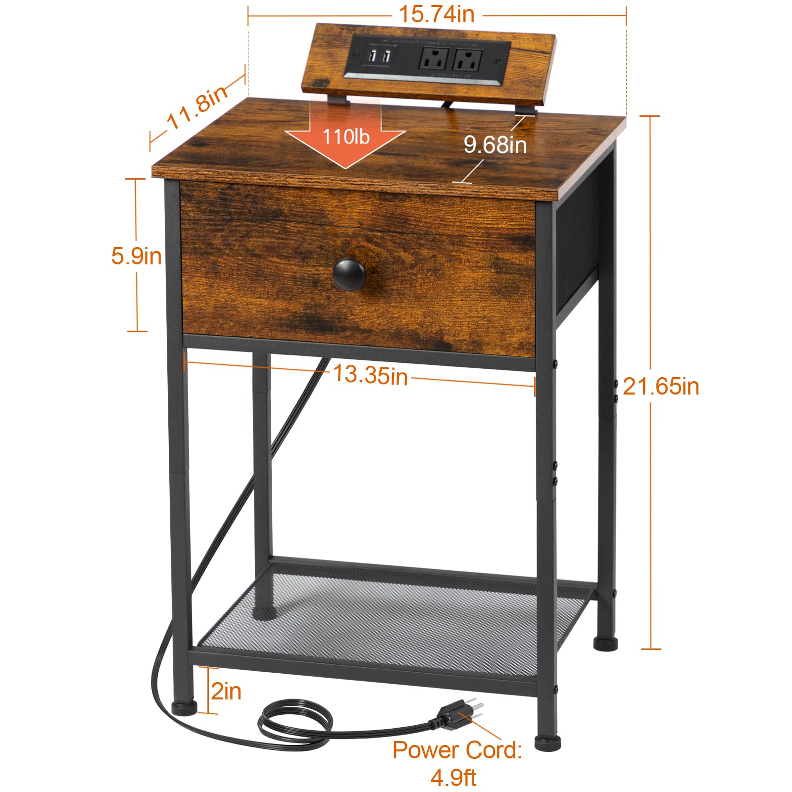 AMHANCIBLE Night Stand Set of 2 - Modern End Tables with Charging Station & Fabric Storage Drawer, Slim Bedside Tables for Small Spaces - Perfect for Bedroom, Living Room, or Office (Brown, HET03SDPBR)