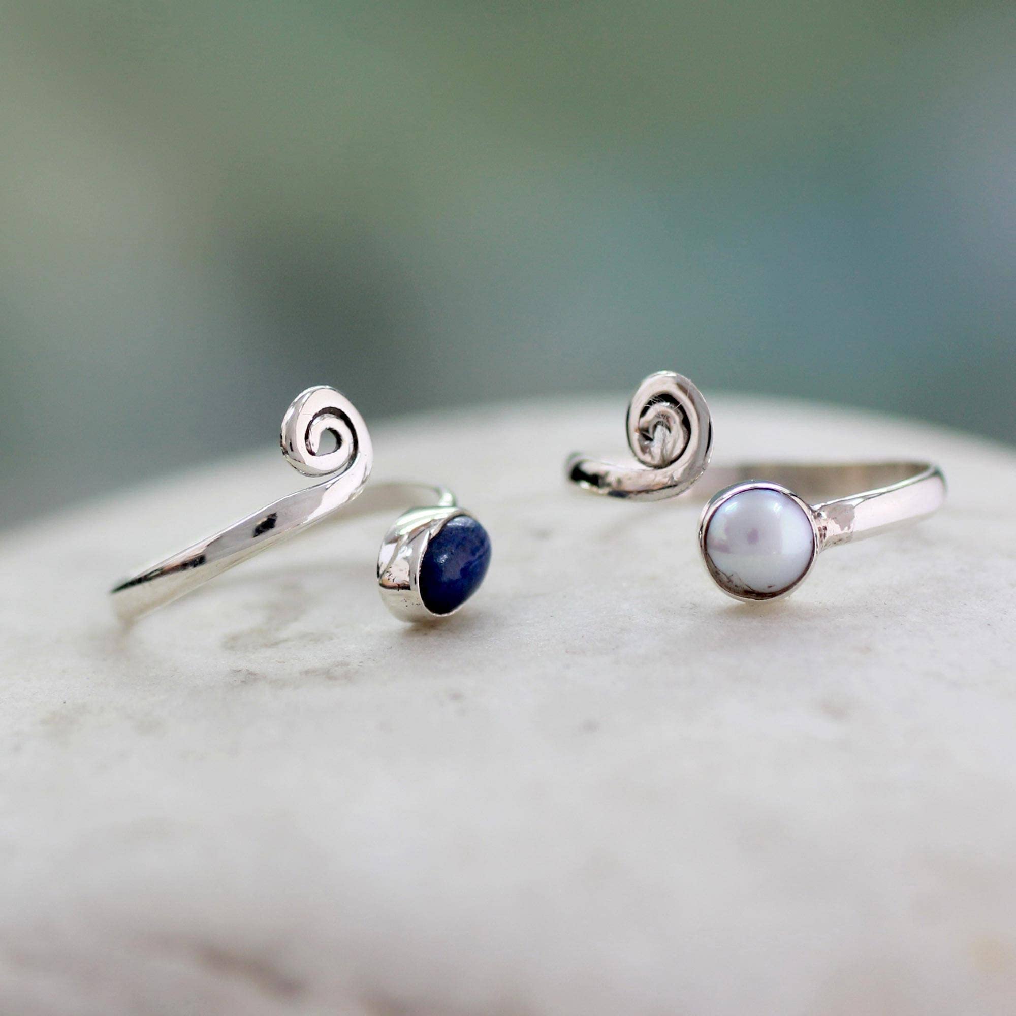 Rainbow Moonstone Rose Quartz Carnelian Lapis Lazuli Pearl Ring Set - 925 Sterling Silver Handmade Statement Rings for Women, Dainty Engagement Wedding Promise Rings, Perfect for Boho Chic Style & Everyday Wear