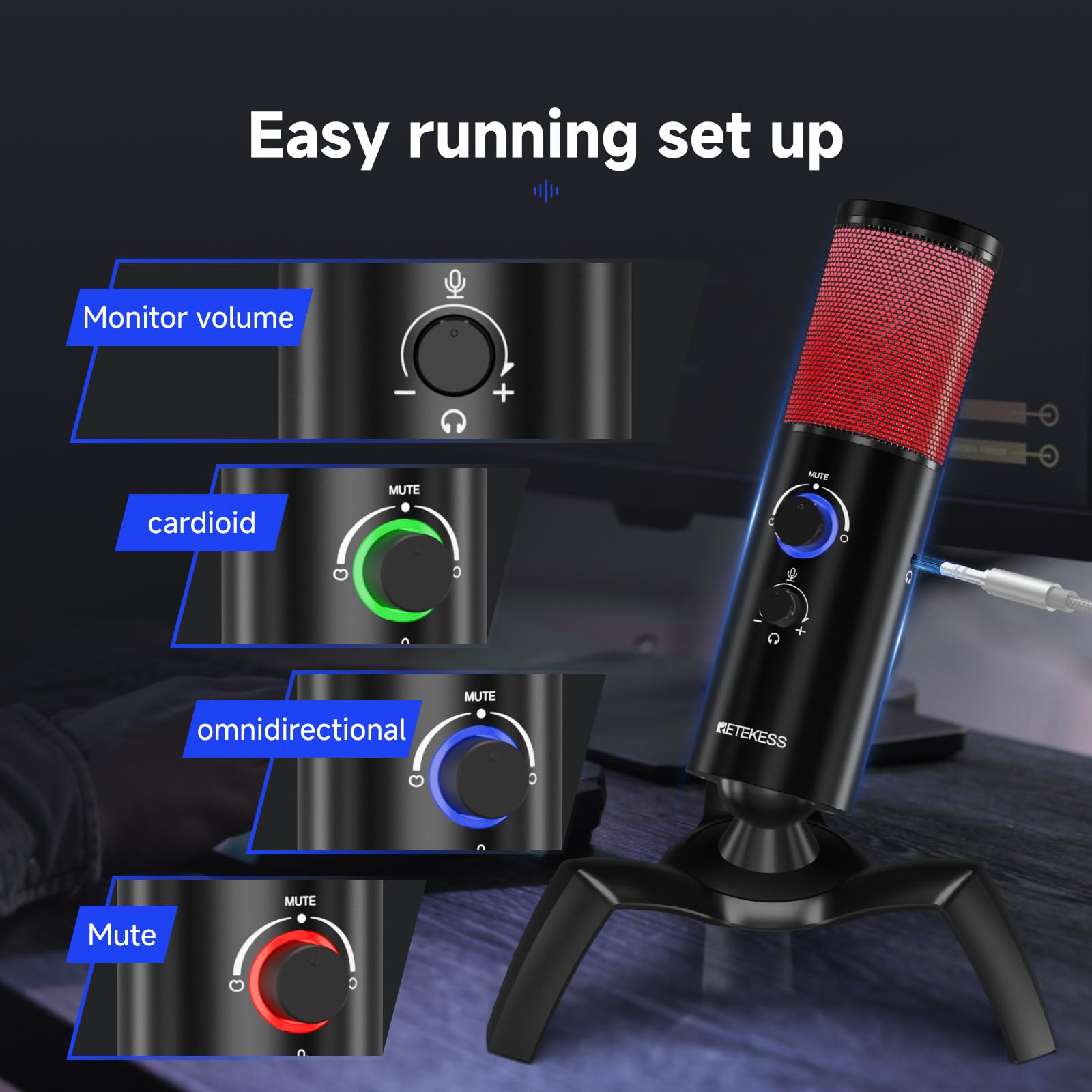 Retekess TG101 RGB USB Condenser Gaming Microphone with 2 Capsule Array - 96dB S/N Clear Sound, Metal Body, Shock Mount for PC, PS4/5 | Perfect for Streaming, Podcasting & Online Gaming