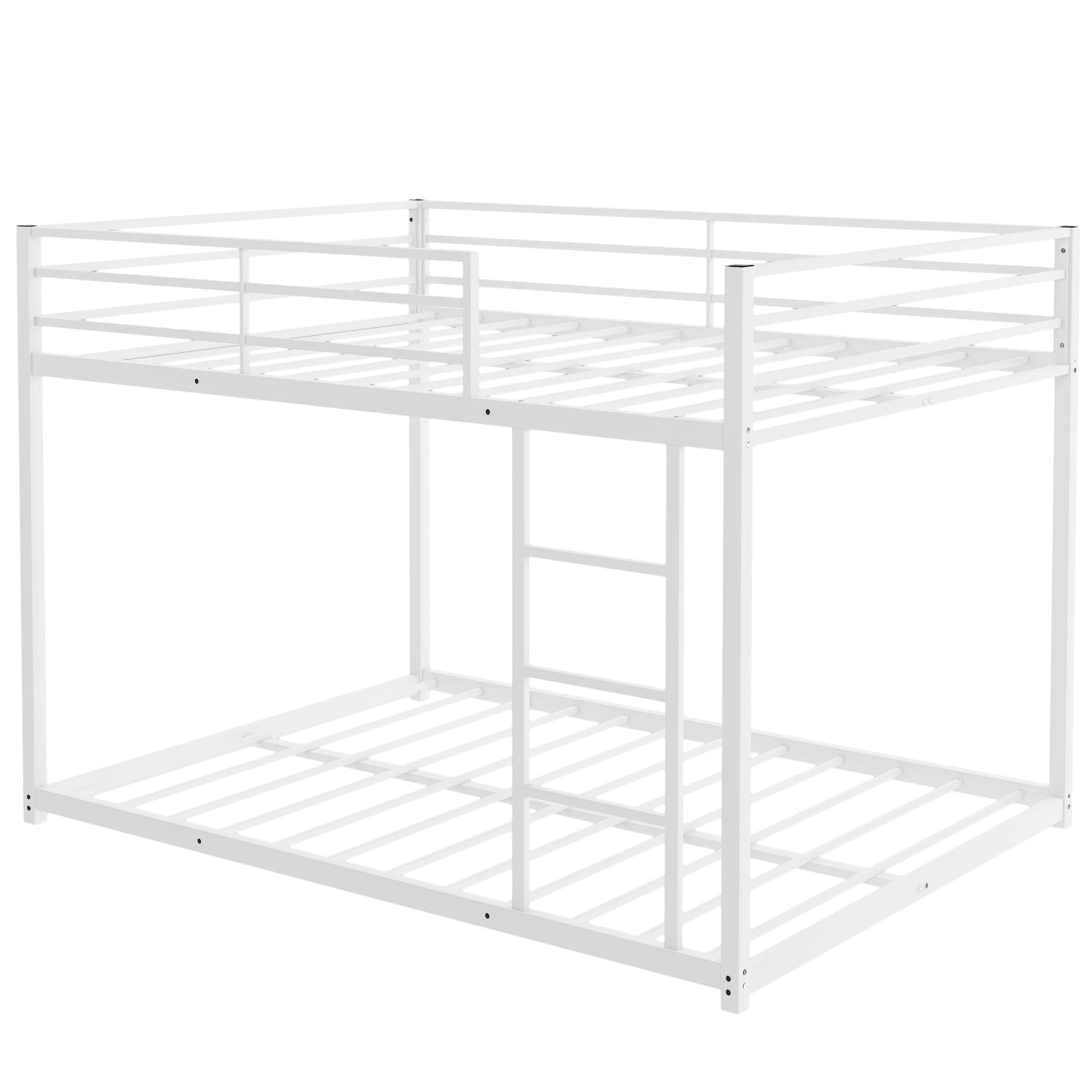 Sturdy Metal Bunk Bed Frame with Safety Rails & Flat Ladder - Full Size Low Profile Bunk Bed for Kids, Teens & Adults - No Box Spring Needed (White) - Perfect for Dorm Rooms, Kids' Bedrooms & Space-Saving Home Solutions