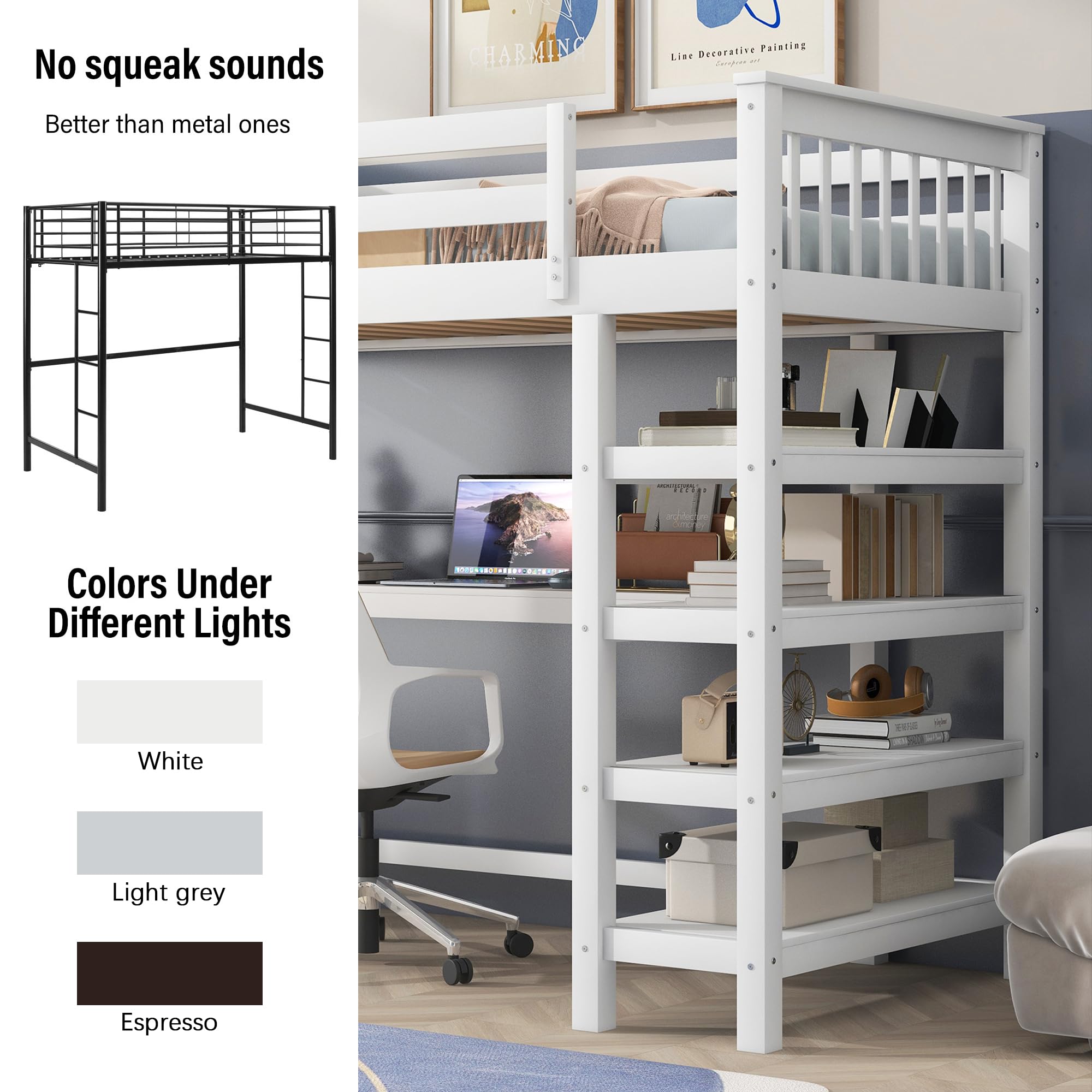 Merax Twin Size Wood Loft Bed with Built-in Desk & 4 Storage Shelves - Solid White Wooden Study Bed for Small Spaces, Dorm Rooms & Kids Bedrooms