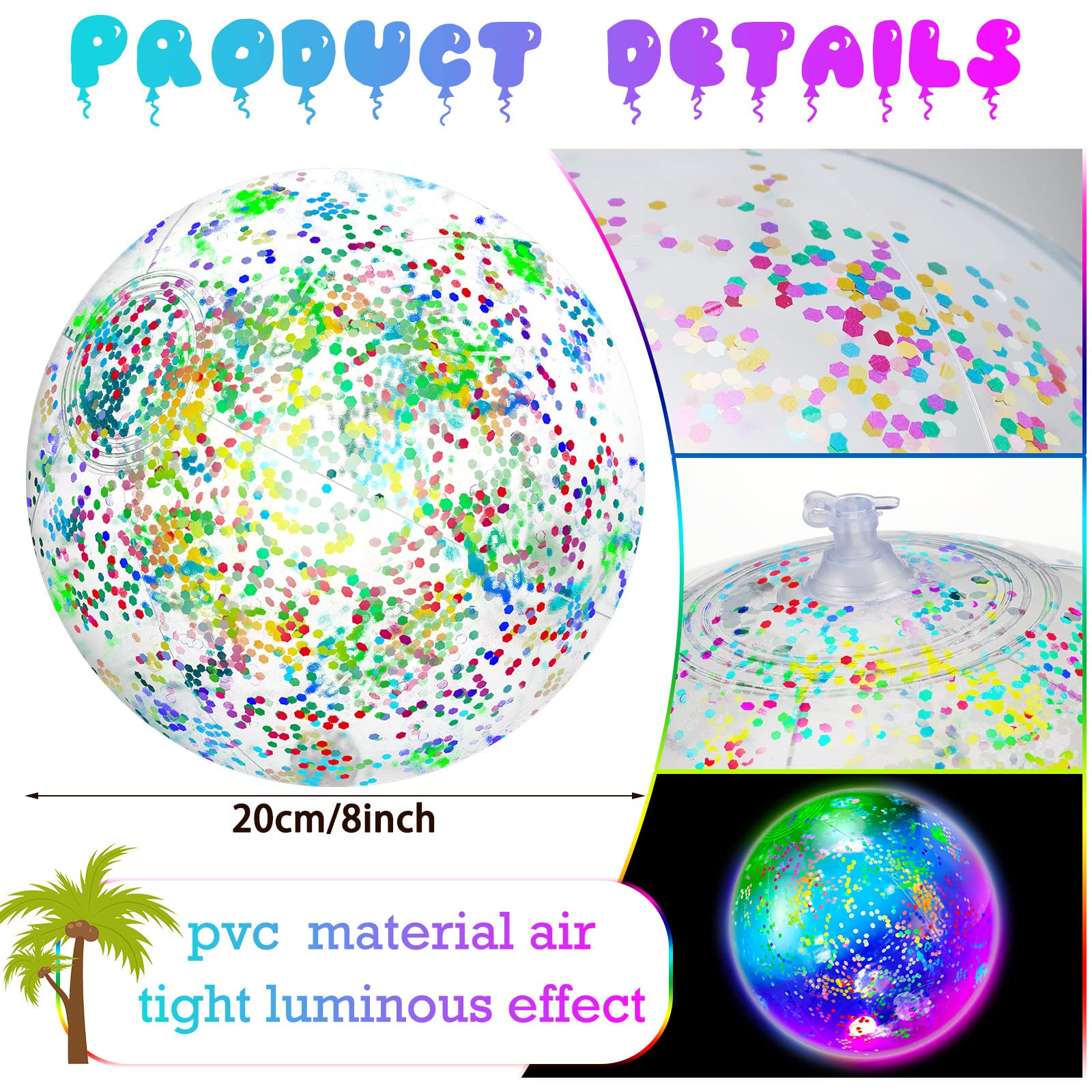16 Pack LED Light Up Beach Balls with Confetti Glitters - 9 Inch Inflatable Glow in The Dark Pool Toys for Summer Parties, Teens & Adults - Perfect for Night Swimming, Pool Parties & Beach Events (Colorful)