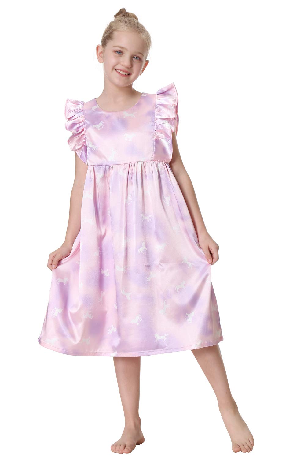 Silk Satin Girls Nightgowns - Cute Short Sleeve Pajama Sleepwear for Toddlers & Kids 3-12 Years | Soft Summer Nightdress for Girls' Bedtime & Sleepovers