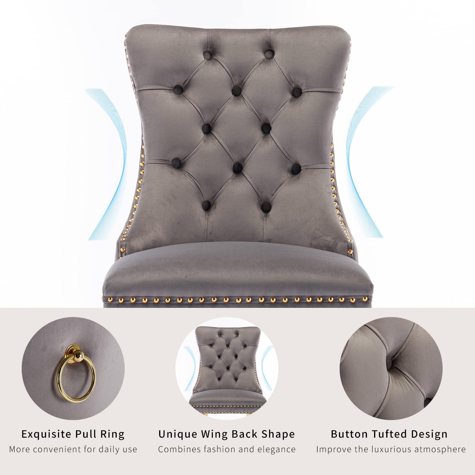 Luxury Velvet Dining Chairs Set of 2 - Tufted Upholstered Kitchen & Dining Room Chairs with Golden Metal Legs (Gray) - Perfect for Modern Home, Restaurant, and Office Decor