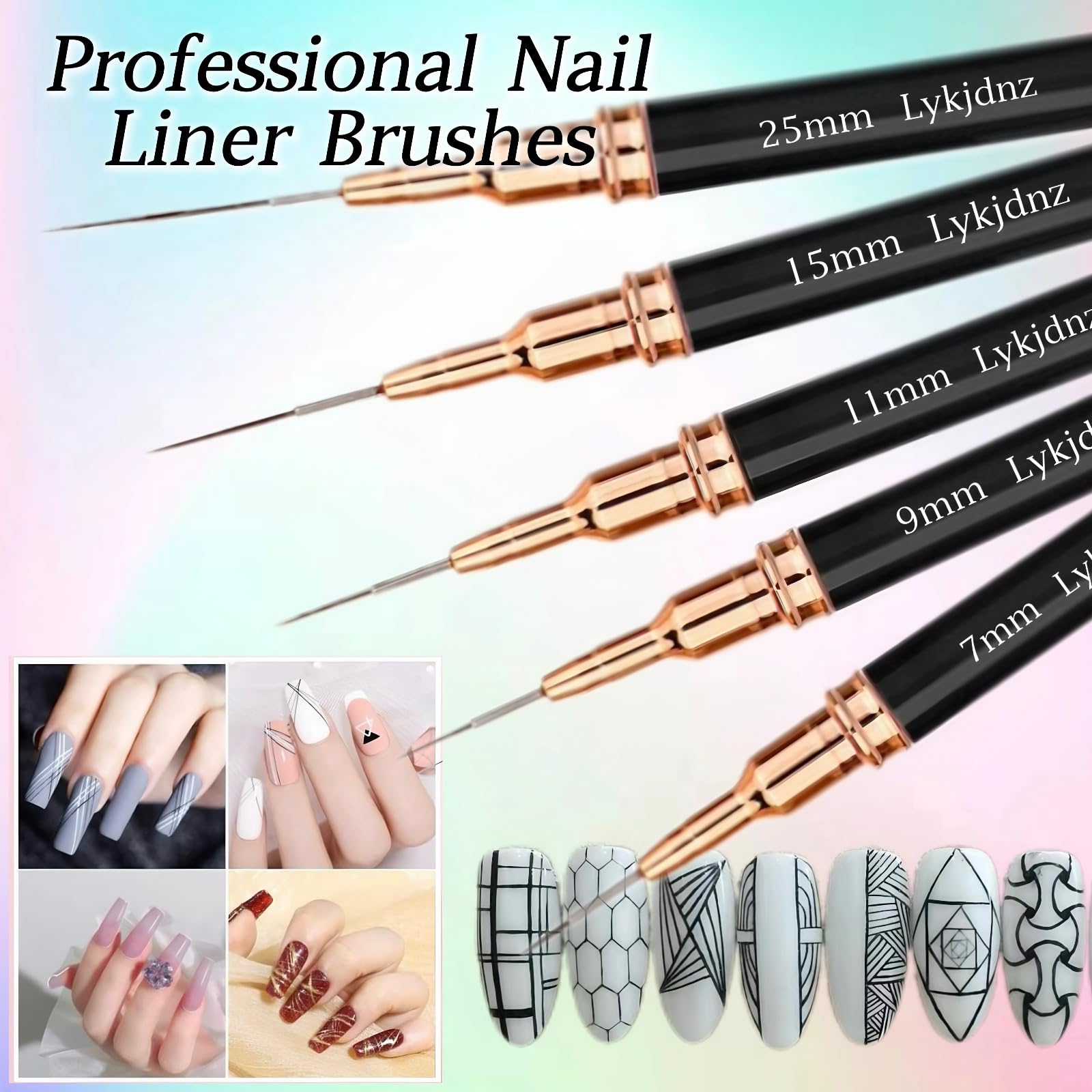 5-Piece Nail Art Liner Brush Set for Gel Polish - Ultra Thin Professional Nail Design Brushes (7/9/11/15/25mm) + 3 Clean Up Brushes for Cuticle Polish Correction - Perfect for DIY Manicure, Salon Nail Art & Gel Extension Application