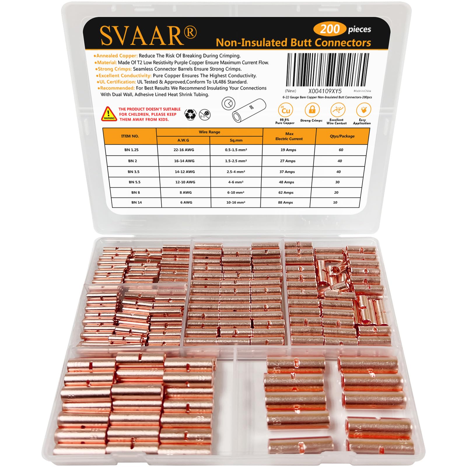 Premium SVAAR Copper Butt Connectors 200pcs - Non-Insulated Electrical Wire Connectors for 6-22 AWG - Pure Copper Crimp Terminals for Automotive, Marine & Home Wiring Projects