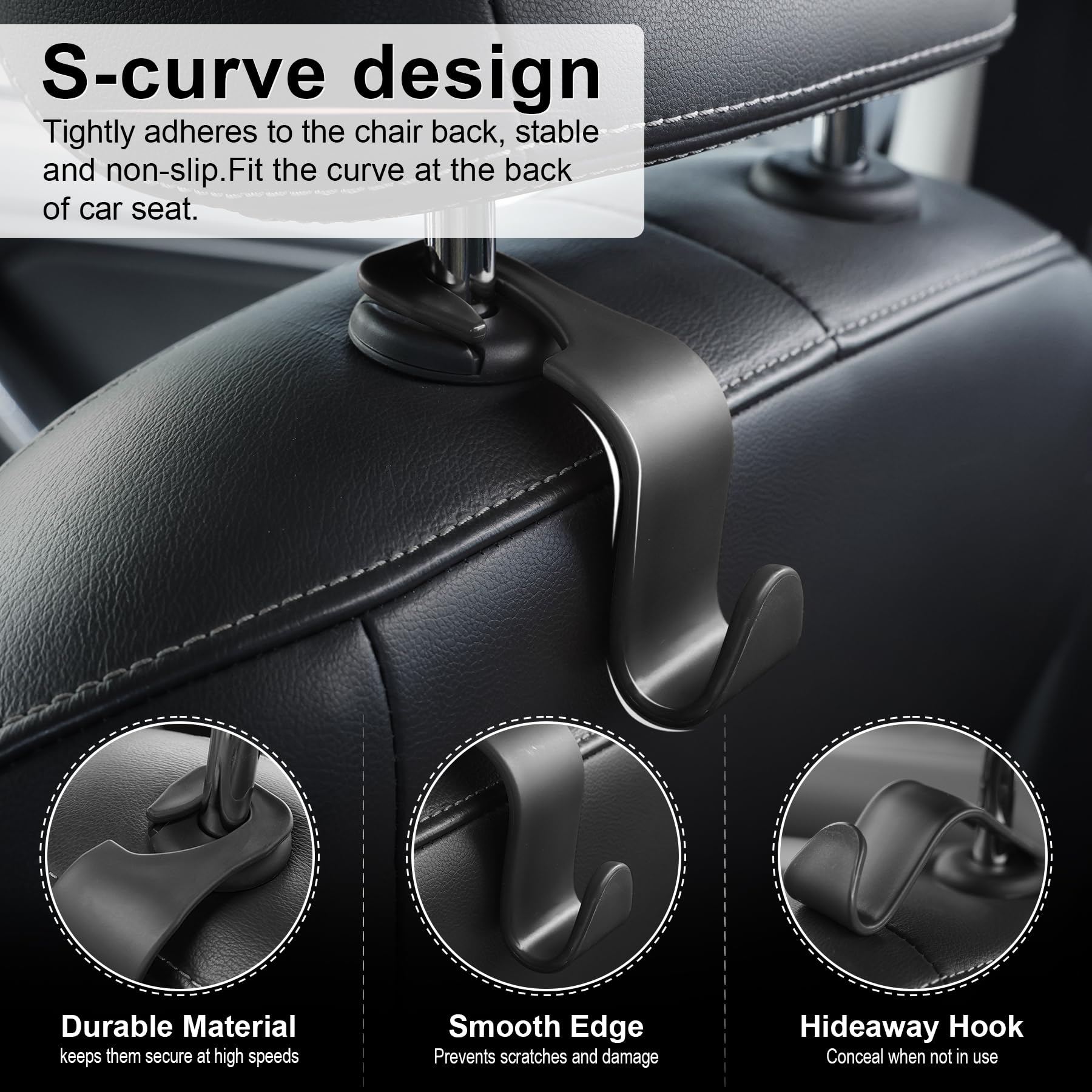 LivTee Car Seat Headrest Hook - 4-Pack Auto Organizer Hangers for Purse, Coat, Umbrella & Grocery Bags - Durable Vehicle Storage Accessories - Perfect for Road Trips, Shopping & Daily Commute