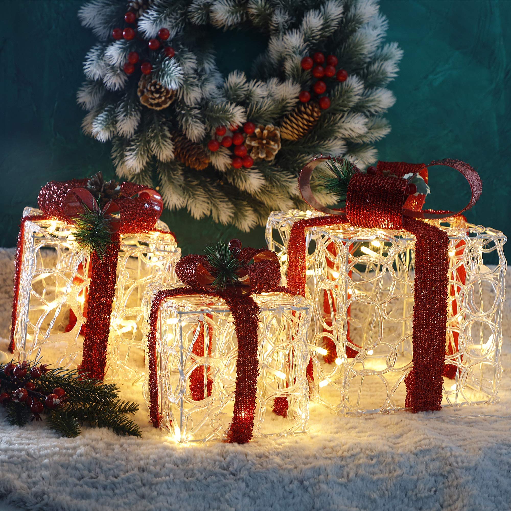 ATDAWN Set of 3 Clear Acrylic Lighted Gift Boxes - Christmas Present Box Decorations for Home, Party & Holiday Display - Perfect for Christmas Tree, Mantel & Tabletop Decor