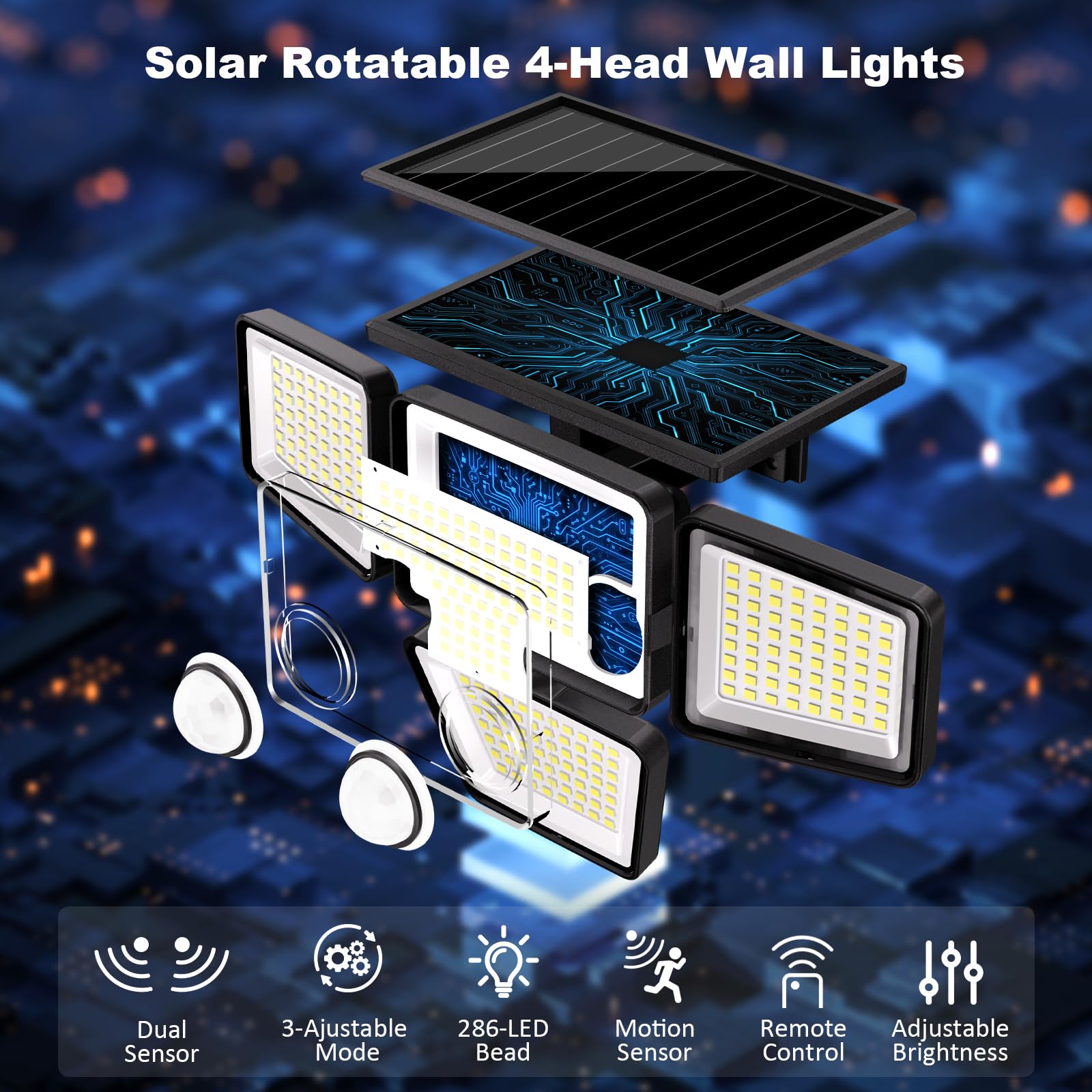 K KASONIC 286 LED Solar Motion Sensor Lights Outdoor, 4-Head 6500K Wide Angle Security Flood Lights, IP65 Waterproof for Backyard, Patio, Garden, Garage & Wall - 2 Pack - Perfect for Pathway Lighting, Driveway Safety & Landscape Illumination