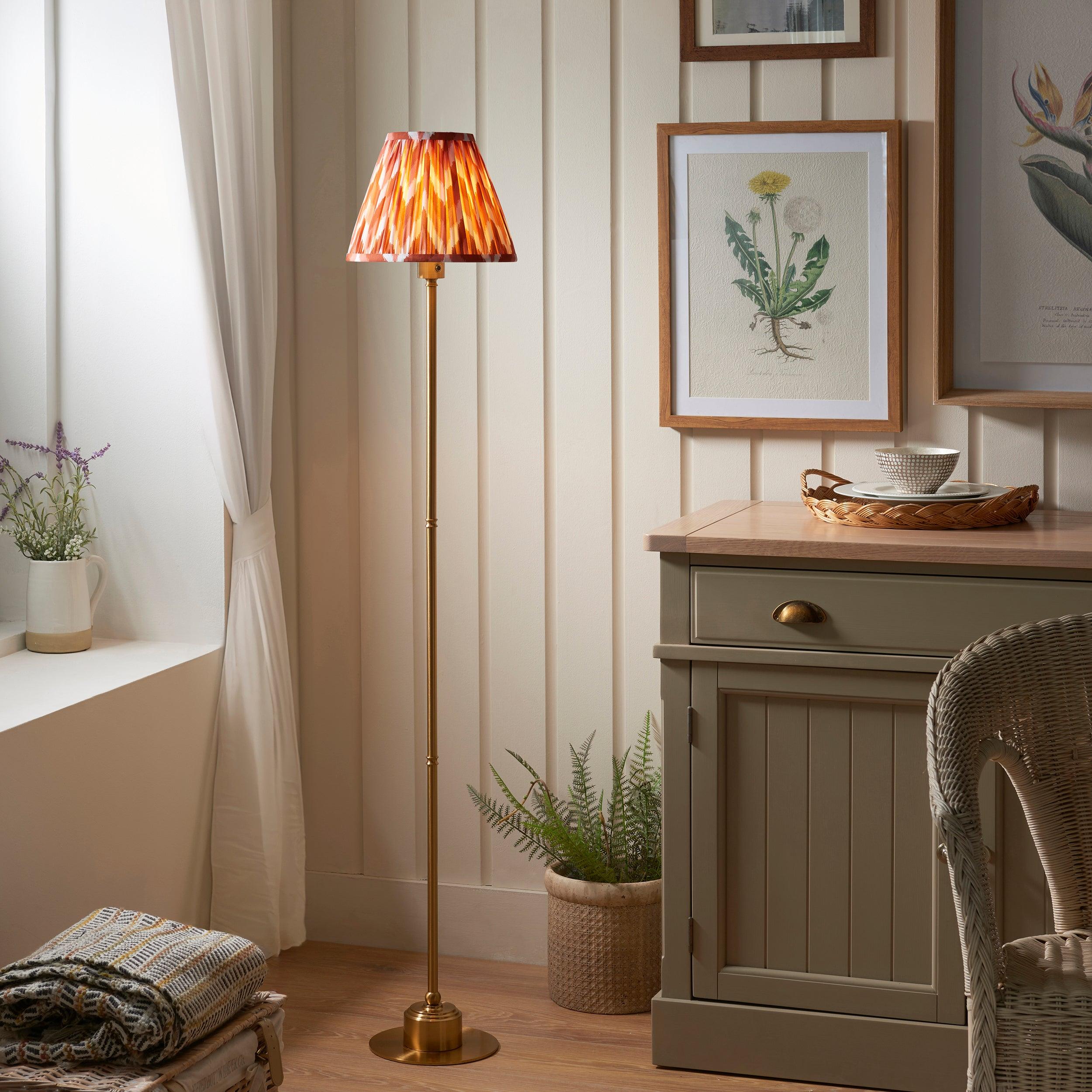 Burley Rechargeable Brass Floor Lamp with 25cm Apricot Orange Zigzag Shade - Modern Lighting for Living Room, Bedroom & Office Decor