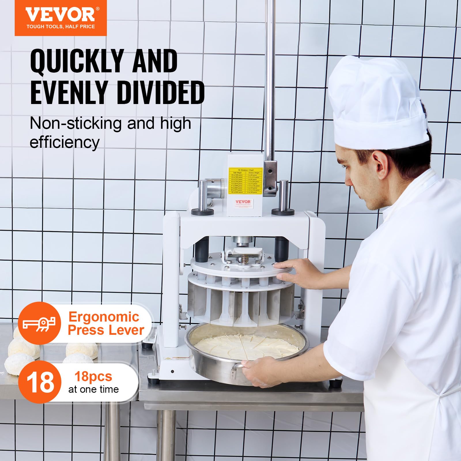 VEVOR 18PCS Manual Dough Divider Cutter with 304 Stainless Steel Tray & Blades (2.11oz-9.88oz) - Professional Pastry Dough Press for Bakeries, Restaurants & Commercial Kitchens - Perfect for Bread, Pizza, Pastry & Cookie Dough Preparation