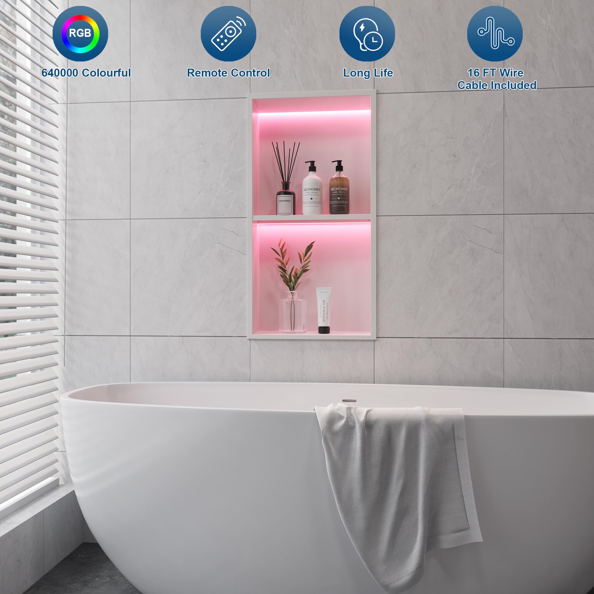 2-Tier 12x24 Inch Wall Niche with RGB LED Light Strips - White Waterproof Shower Niche Cabinet - Stainless Steel Bathroom Shelf - No Tile Needed Recessed Storage Organizer - Perfect for Bathroom, Shower, and Spa Organization