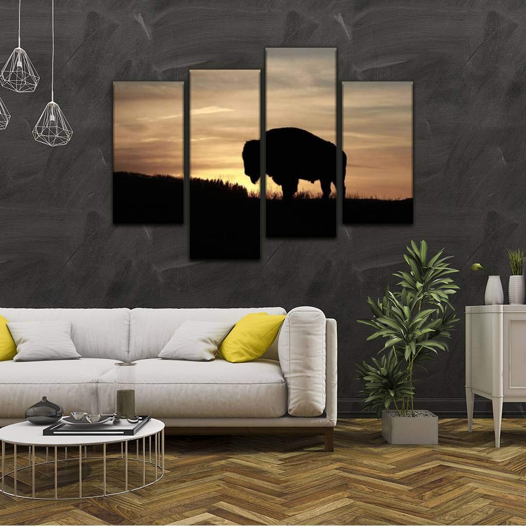 4 Panels Bison at Dusk Canvas Wall Art - Modern Framed Cattle Silhouette Paintings - Ready to Hang Home Decor for Living Room, Bedroom & Office