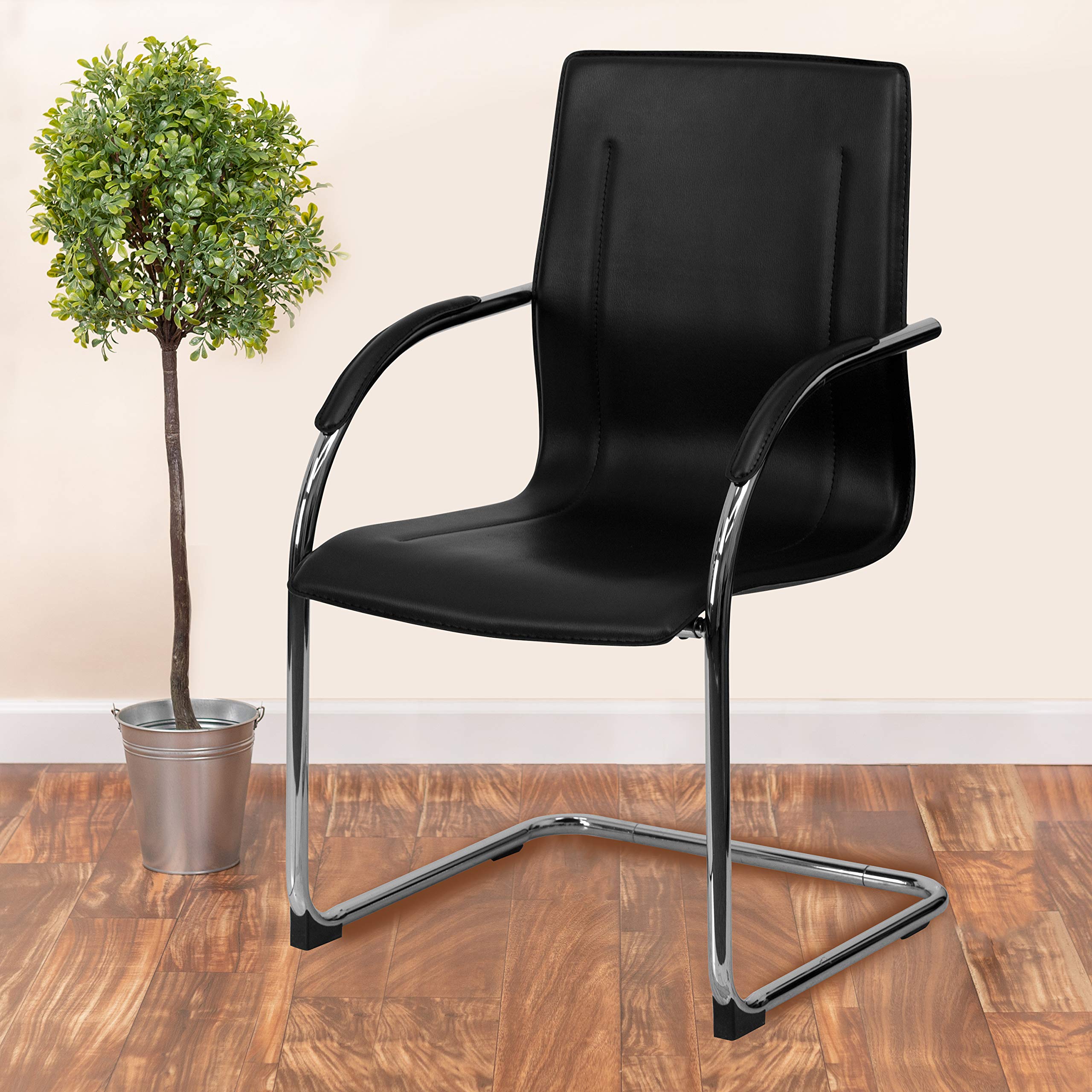 Flash Furniture Black Vinyl Side Reception Chair with Chrome Sled Base - Comfortable Waiting Room Seating for Offices, Clinics and Lobbies