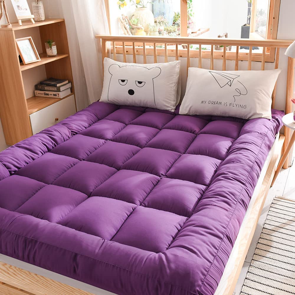 KKCD Thick Tatami Mattress Topper - Foldable Japanese Floor Futon for Kids & Adults, Quilted Sleeping Pad, King Size Purple - Perfect for Guest Beds, Dorm Rooms, Camping & Small Spaces