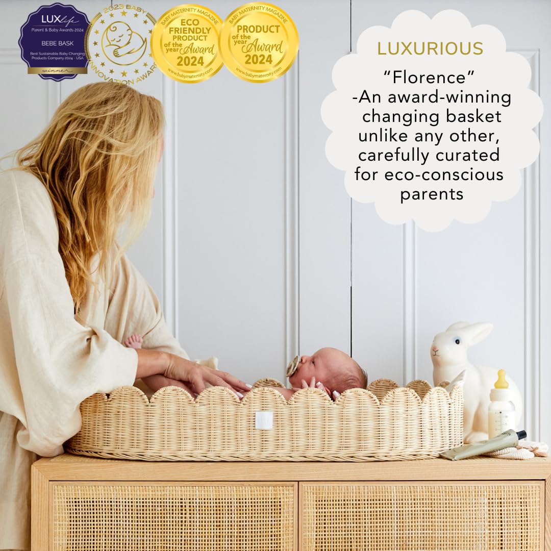 Premium Baby Changing Basket Set - Handwoven Scalloped Rattan Nursery Organizer with Changing Pad & Accessories | Natural Bamboo Diaper Caddy for Nursery, Bedroom & Baby Shower Gift