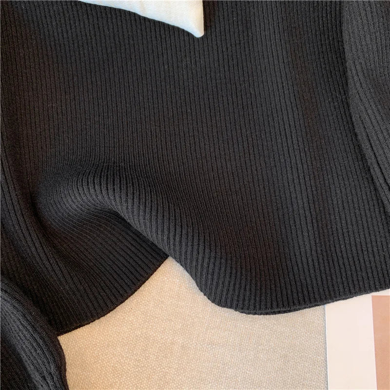 Elegant Black Patchwork Bow Collar Women's Knit Sweater - Korean Chic Slim Fit Long Sleeve Pullover Top for Office Ladies | Fall Winter Fashion | Perfect for Work, Dating & Casual Outings