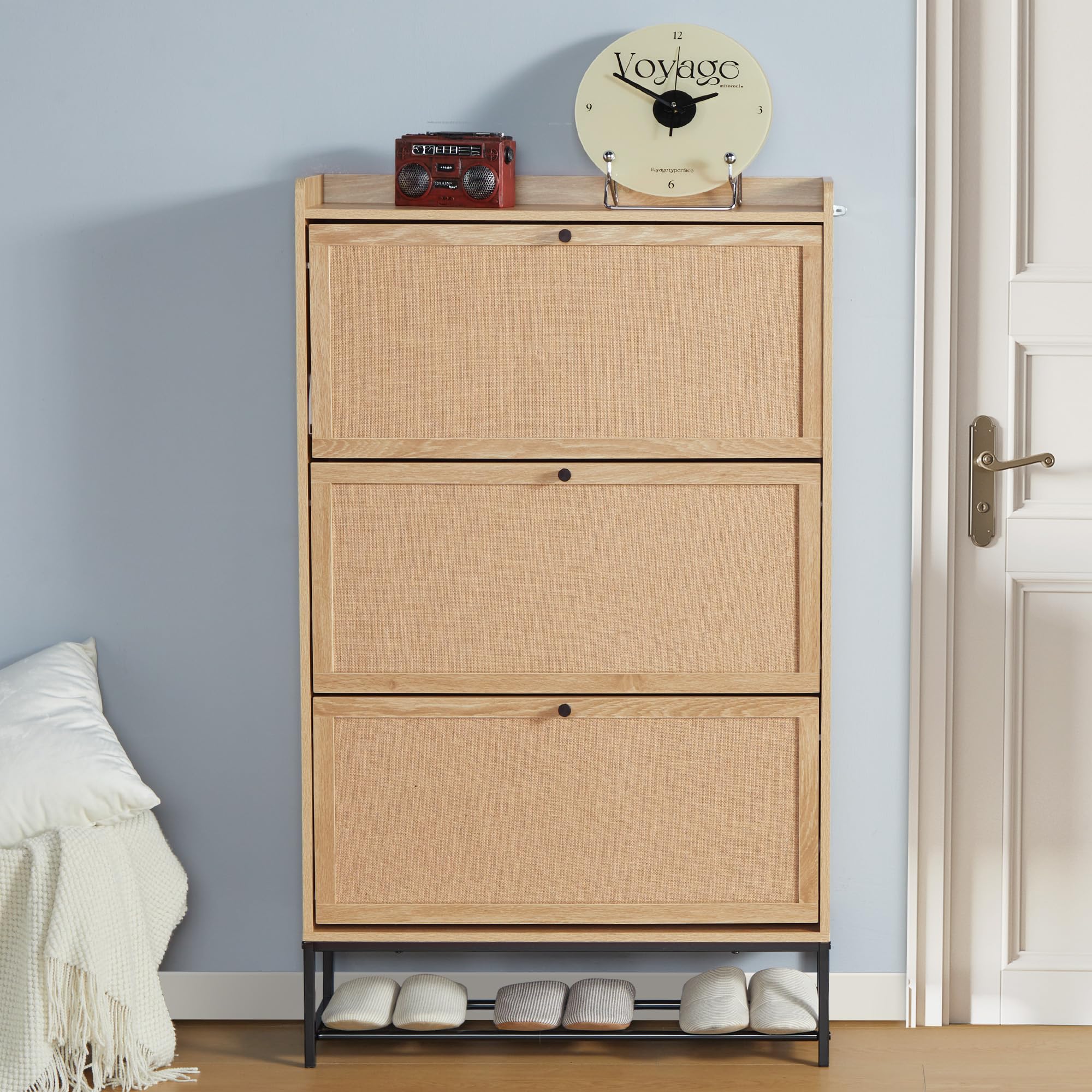 LEVNARY 3-Tier Flip Drawer Shoe Storage Cabinet - Freestanding Wooden Shoe Organizer with Metal Legs for Entryway & Hallway | Space-Saving Narrow Shoe Rack for Small Spaces (Natural Oak) | Perfect for Apartment Living, Closet Organization & Entryway Storage