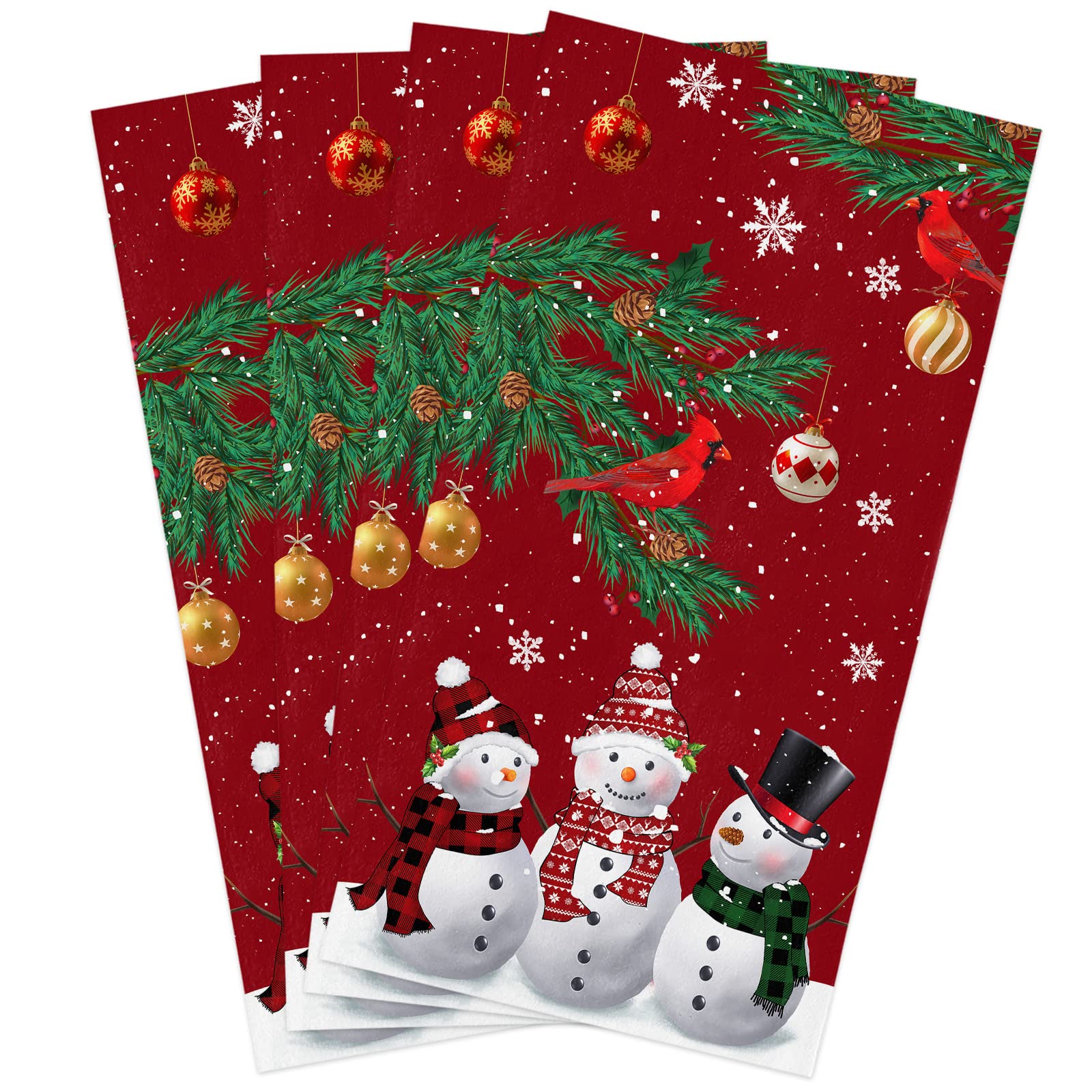 Christmas Snowman & Red Cardinal Kitchen Dish Towels Set of 4 - Absorbent Fast Drying Hand Towels, Cleaning Cloths with Hanging Loops - Perfect for Holiday Decor, Kitchen Cleaning & Bathroom Use