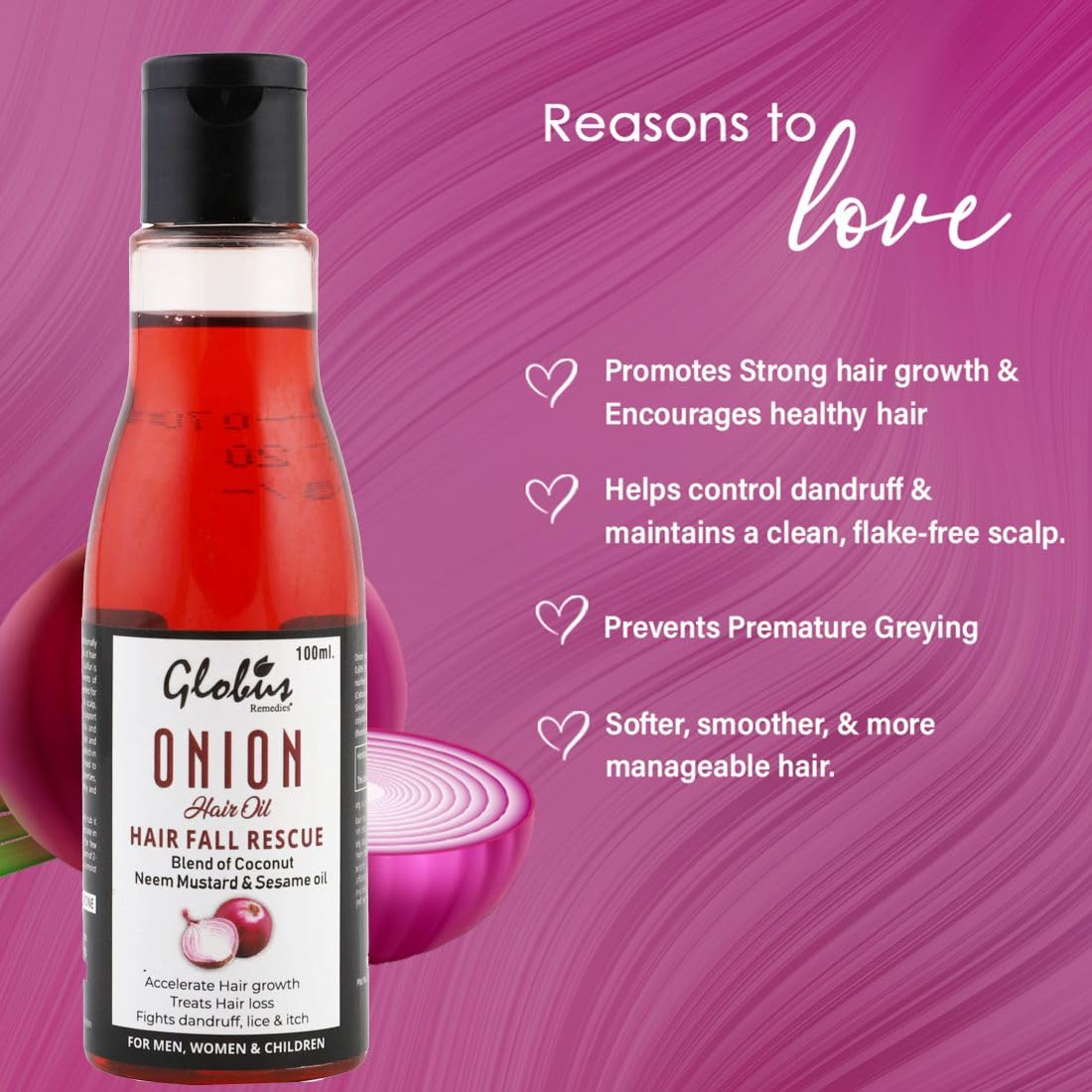 Globus Remedies Onion Hair Oil for Hair Growth & Fall Control - Anti Dandruff Treatment with Natural Shine & Strength Boost (100ml) - Perfect for Daily Hair Care & Scalp Nourishment