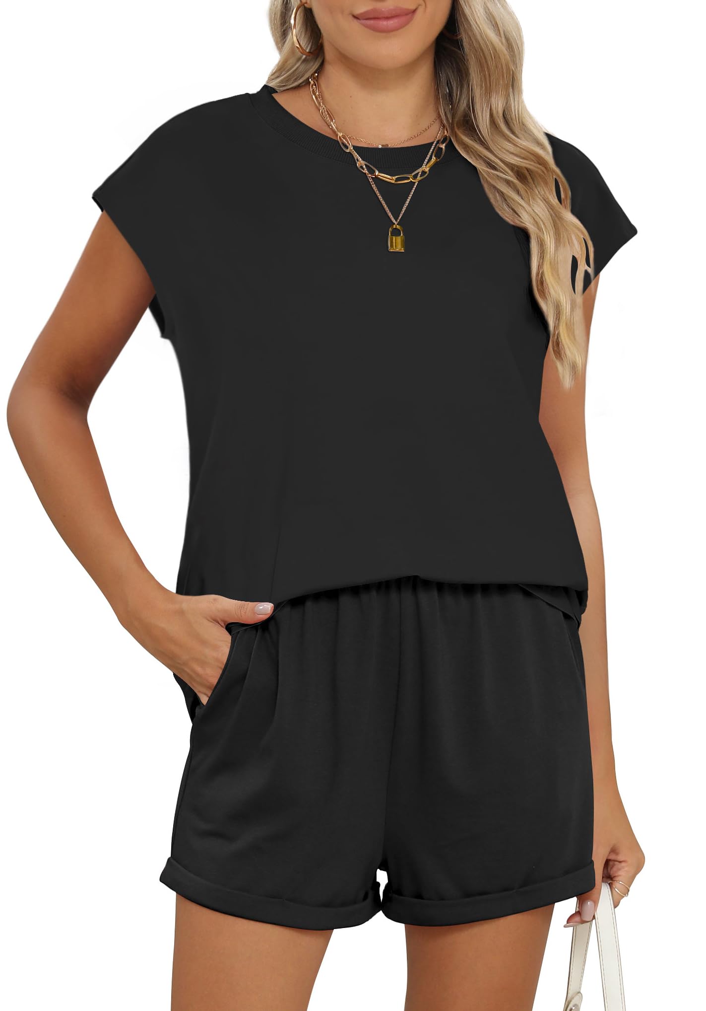 RUBZOOF Women's 2-Piece Lightweight Lounge Set - Cap Sleeve Top & Elastic Waist Shorts | Comfortable Matching Outfit for Home, Yoga, Travel & Casual Wear