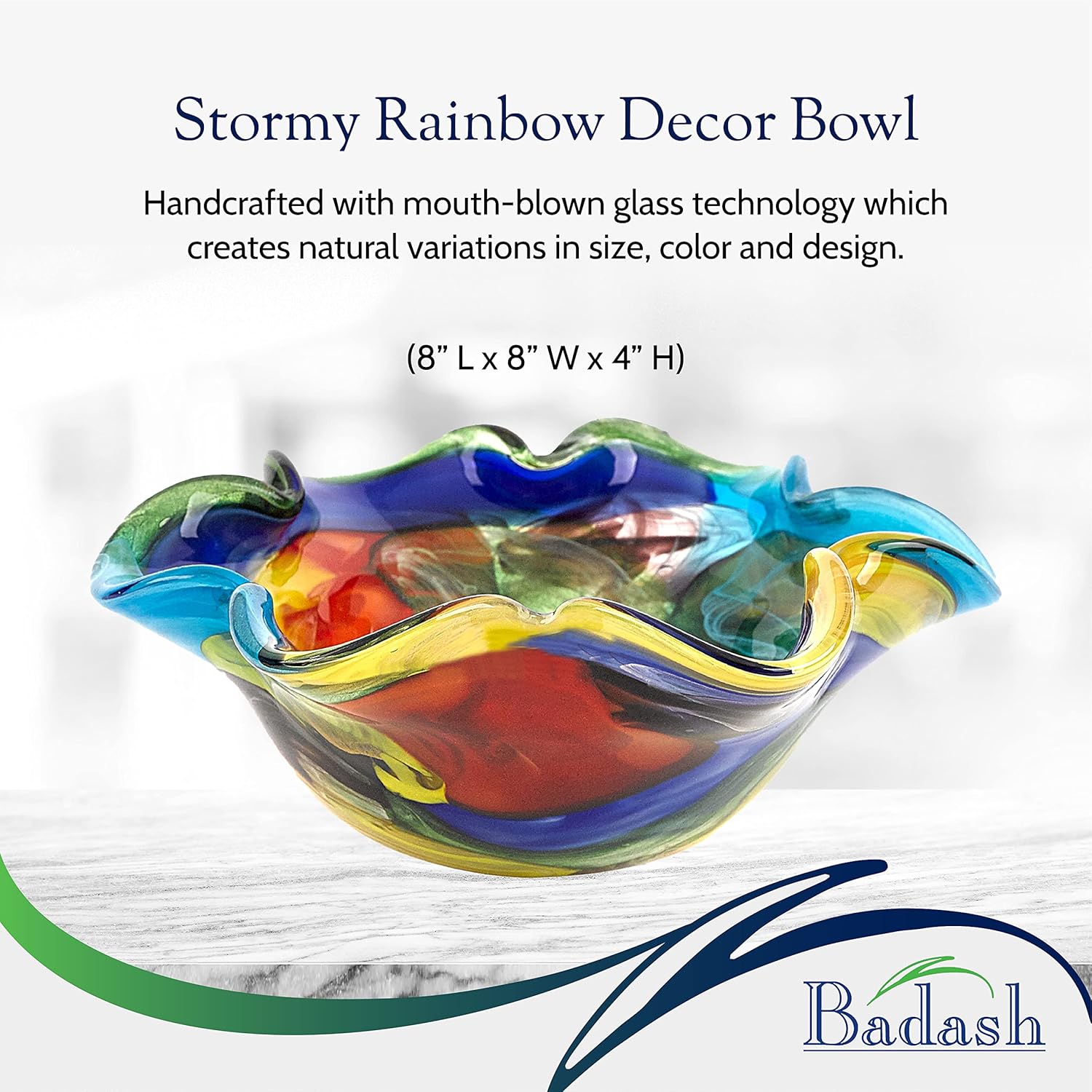 Badash Stormy Rainbow Art Glass Bowl - Handmade Murano Style Mouth Blown Glass Centerpiece for Dining Table Decor, Wedding Centerpiece, Home Accent Decor (8-inch)