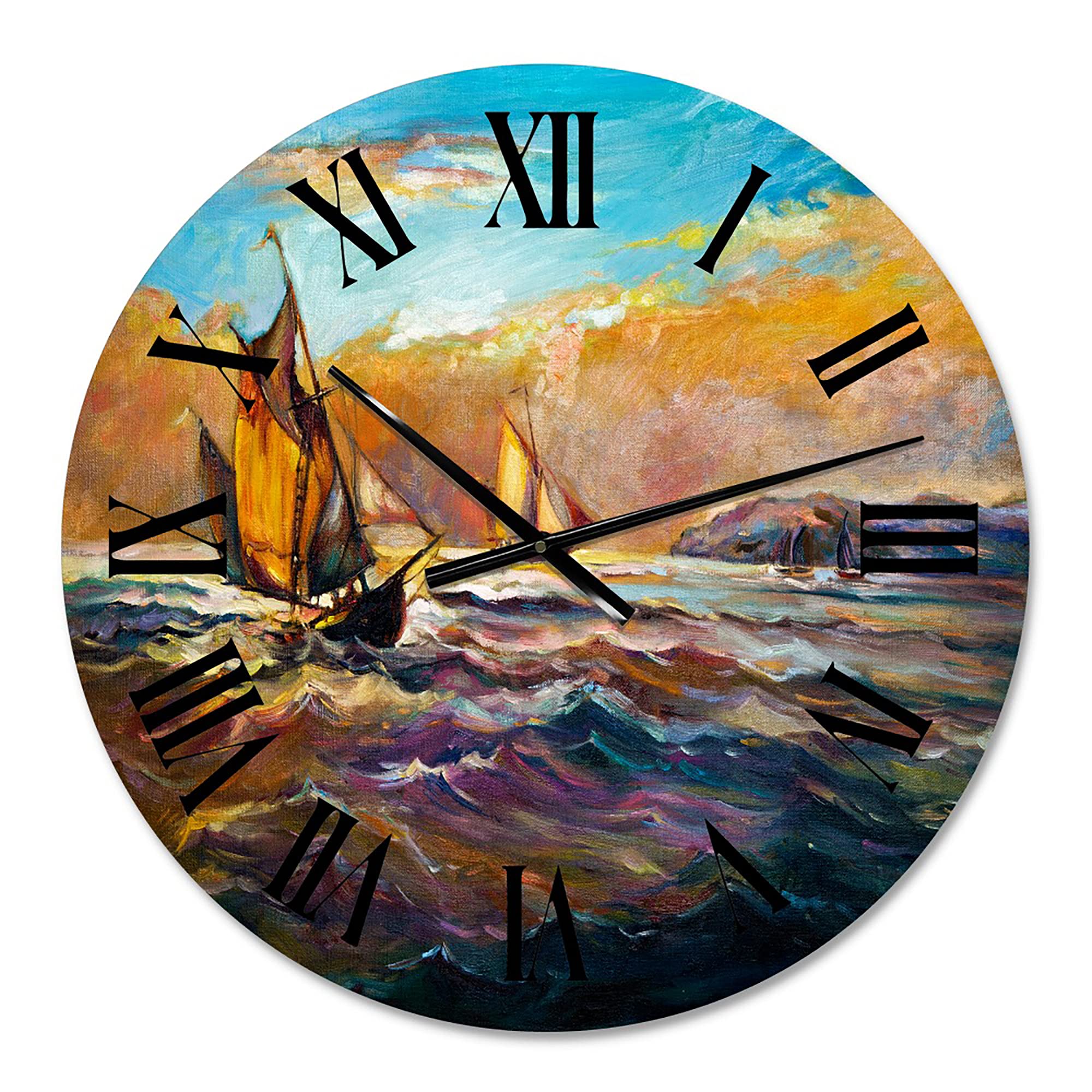 DesignQ Nautical & Coastal Wall Clock - 'Boats On The Ocean During Evening Sunset II' - 12 Inch Round Orange Wall Clock for Kitchen, Living Room, Office & Beach House Decor | Perfect for Coastal & Nautical Themed Interiors