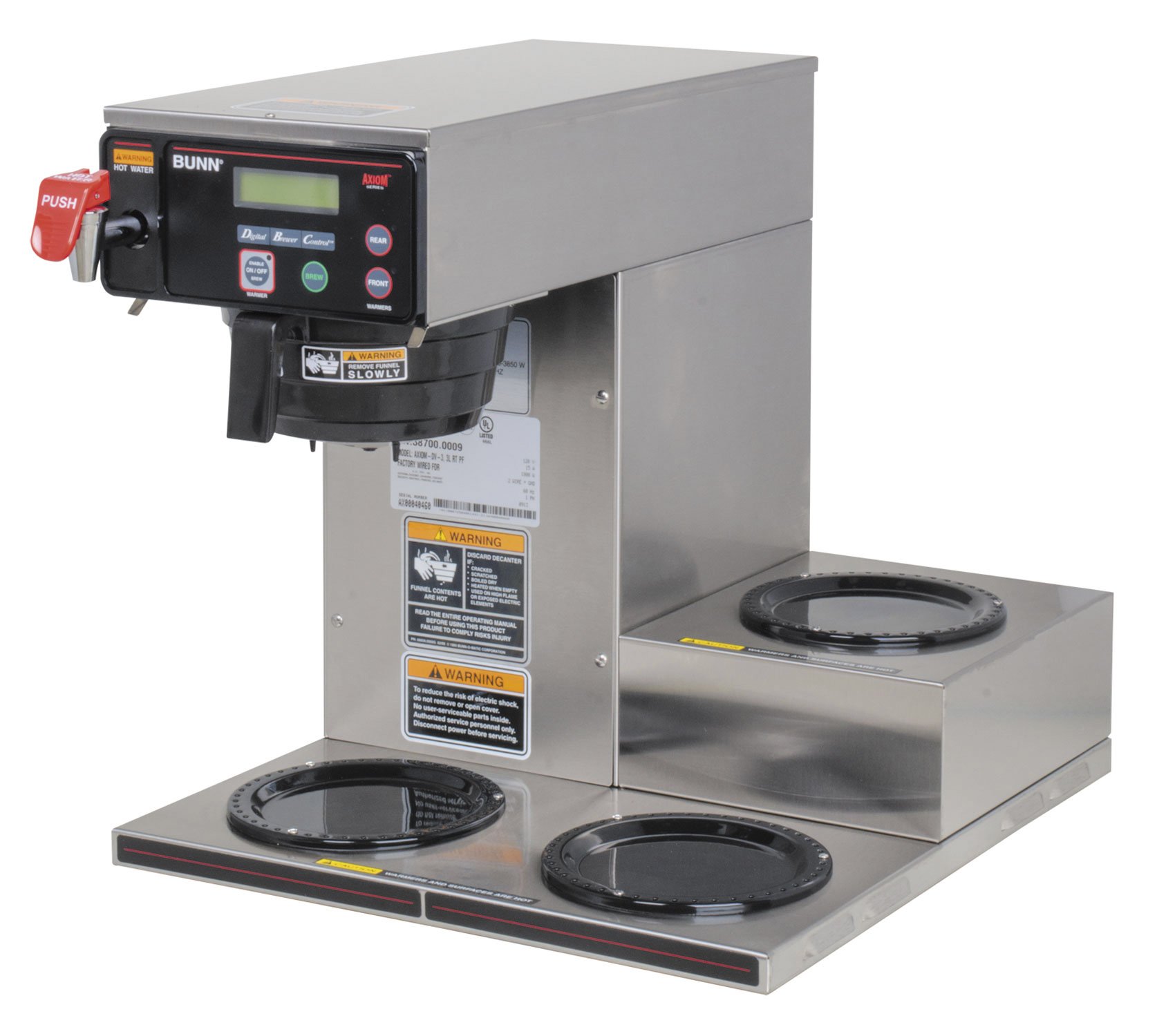 BUNN Axiom DV-3 Commercial Coffee Maker - 12 Cup Dual Voltage Automatic Brewer with 3 Lower Warmers, 7.5 Gallon Capacity, Grey (Model 38700.0009) - Perfect for Offices, Restaurants, and High-Volume Coffee Service