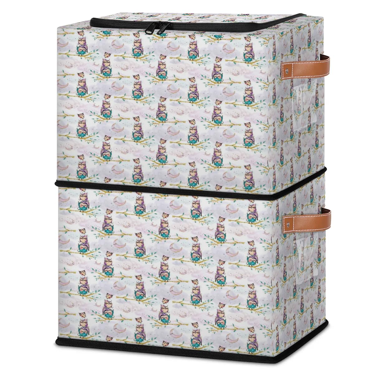 Colorful Owl Pattern Foldable Fabric Storage Bins with Zipper Lid - 2 Pack Collapsible Storage Baskets for Clothes, Blankets, Toys | Closet Organizer with Handles | Perfect for Kids' Room, Nursery & Home Organization