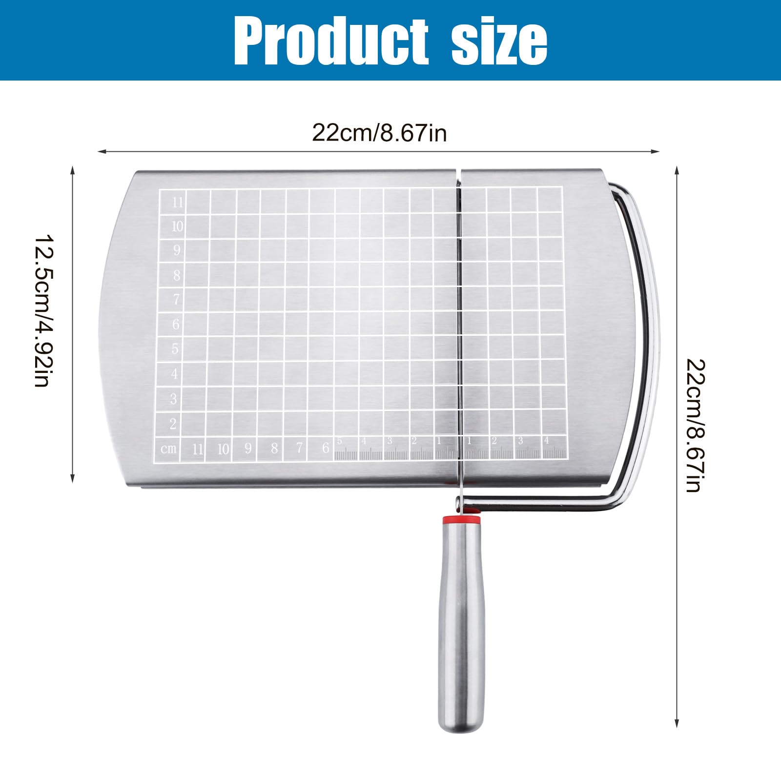 Premium Stainless Steel Cheese Slicer & Cutter Board with Sharp Blade - Multi-Purpose Food Slicer for Cheese, Butter, Sausage, Ham - Includes Measurement Scale for Precise Cuts - Perfect for Kitchen, Charcuterie Boards & Party Platters
