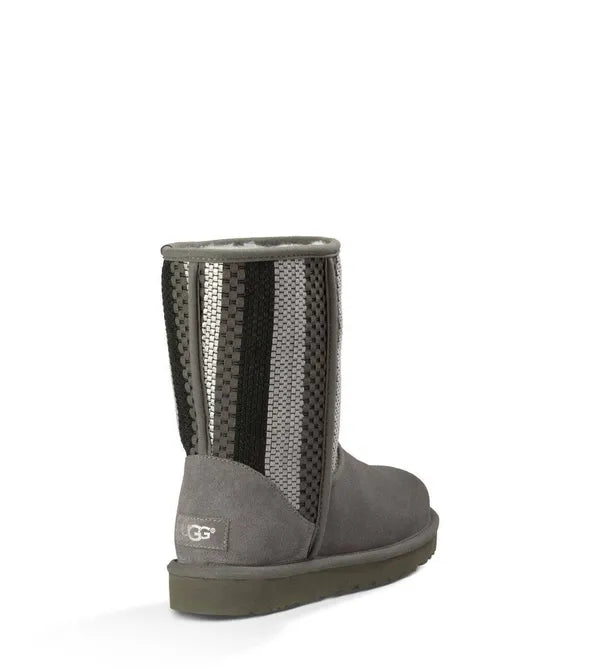 Ugg Classic Short Woven Suede Boots for Women - Comfortable Winter Shoes with Soft Sheepskin Lining - Perfect for Casual Outfits, Snow Days & Cozy Indoor Wear