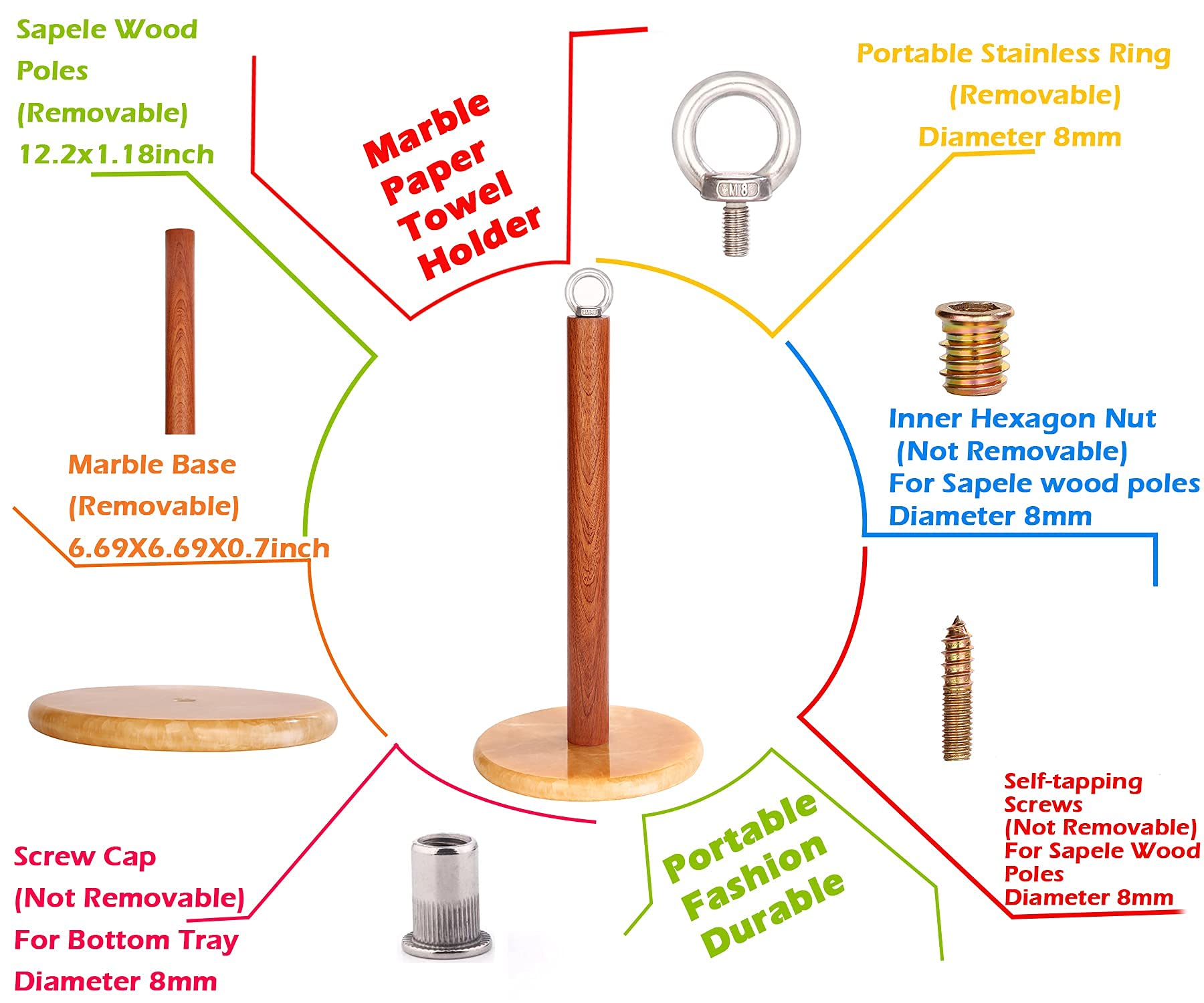 Modern Free-Standing Paper Towel Holder with Weighted Marble Base & Sapele Wood Poles - Standard & Jumbo Size Kitchen Countertop Dispenser (Yellow) - Perfect for Kitchens, Restaurants, and Office Break Rooms