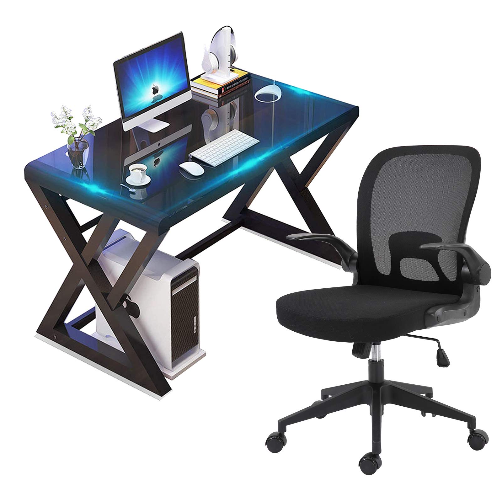 VUYUYU Home Office Desk and Chair Set - Ergonomic Mesh Computer Chair & Modern Glass Top Desk with Metal Frame, Flip-Up Arms, Foldable Backrest & Swivel Wheels - Perfect for Home Office, Study & Workspace