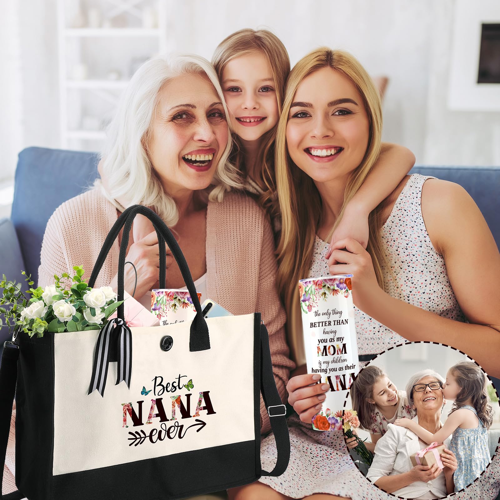 Silkfly 3-Piece Best Nana Ever Gift Set - Stainless Steel Tumbler & Canvas Tote Bag for Women | Perfect Mother's Day, Birthday Gifts for Mom, Grandma, Friend, Family & Coworkers | Great for Coffee Dates, Shopping Trips & Office Use