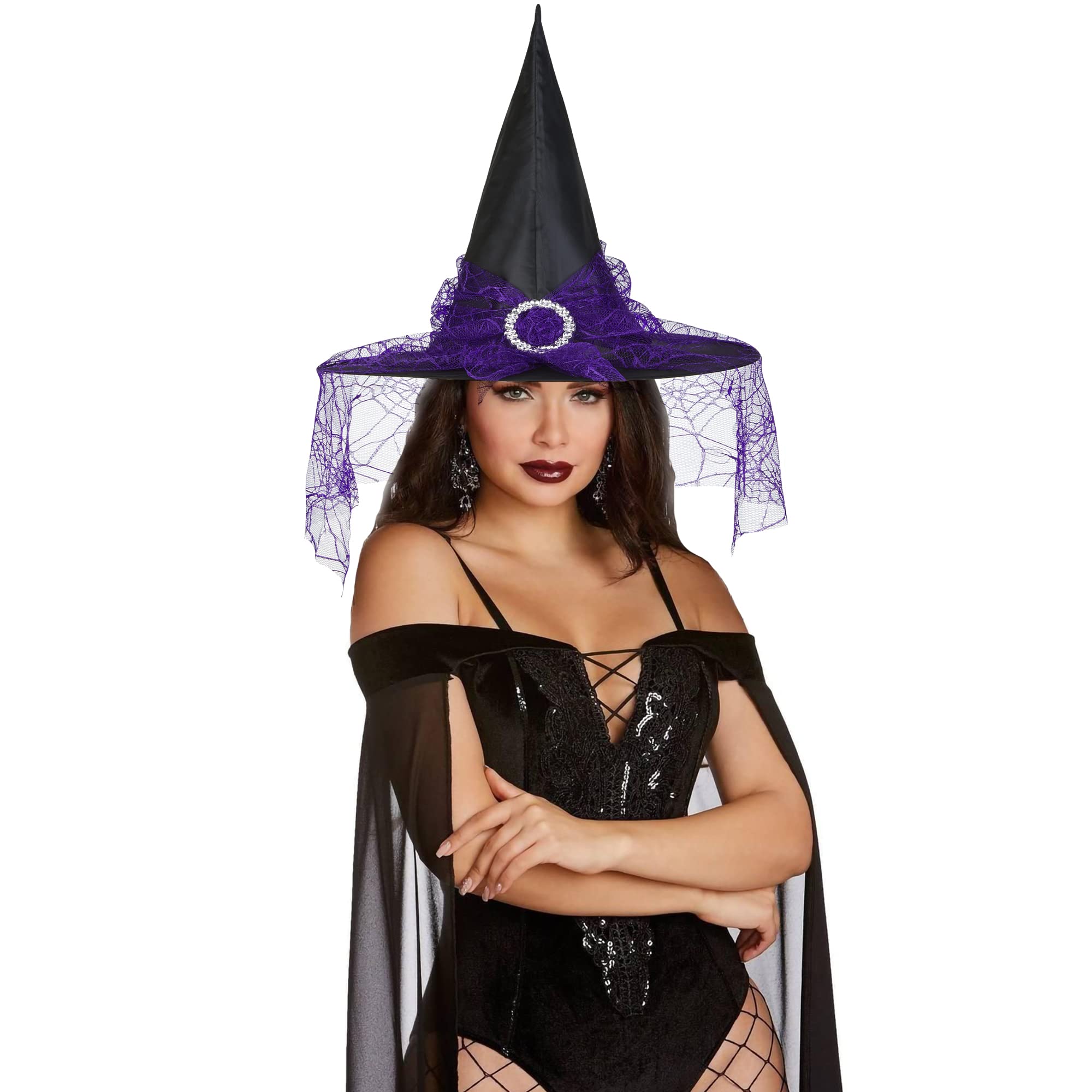 Purple Witch Hat for Women - Elegant Lace Wizard Hat for Halloween Costume & Party Decoration | Perfect for Witch-Themed Parties, Cosplay, and Spooky Events