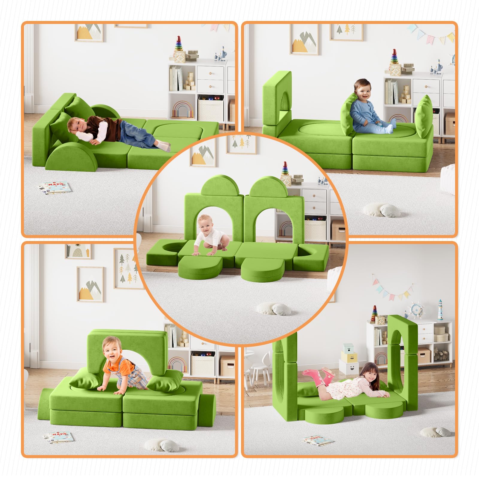 12PCS Modular Kids Play Couch with 2 Pillows & Tunnel - Foldable Toddler Sofa for Playroom & Bedroom - 2000+ Creative Play Ideas - Grass Green - Perfect for Indoor Playtime, Reading Nook & Imaginative Games (Boys & Girls)
