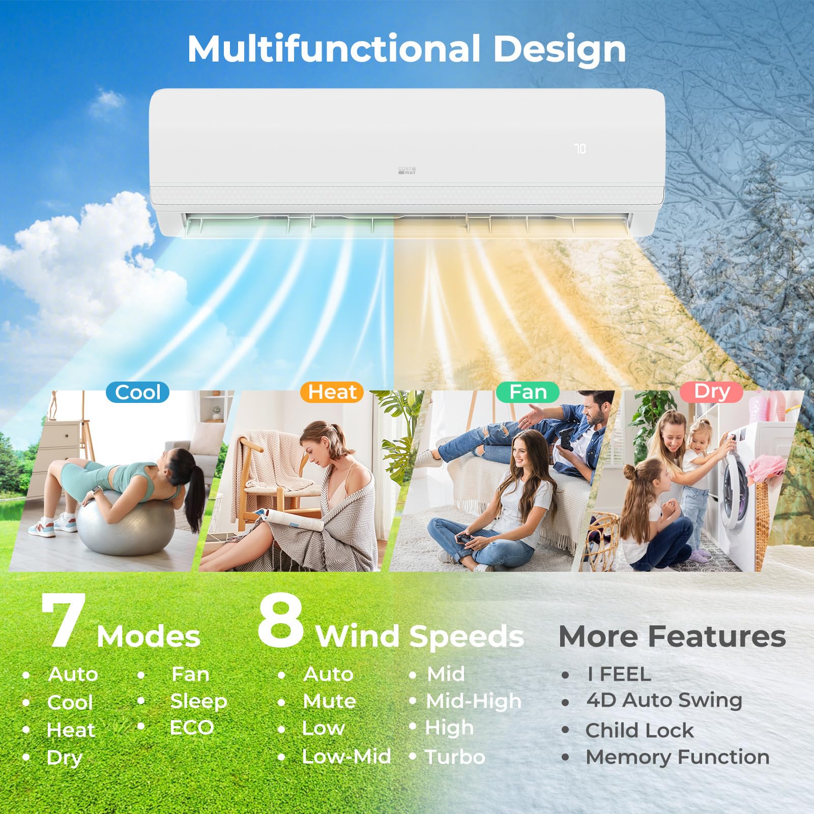 COSTWAY 36k BTU 4-Zone Mini Split Air Conditioner & Heat Pump - 19 SEER2 Ductless Inverter AC (4x9k BTU) with WiFi & Alexa Compatibility - Wall Mounted for Home, Office, Bedroom, and Garage Cooling & Heating