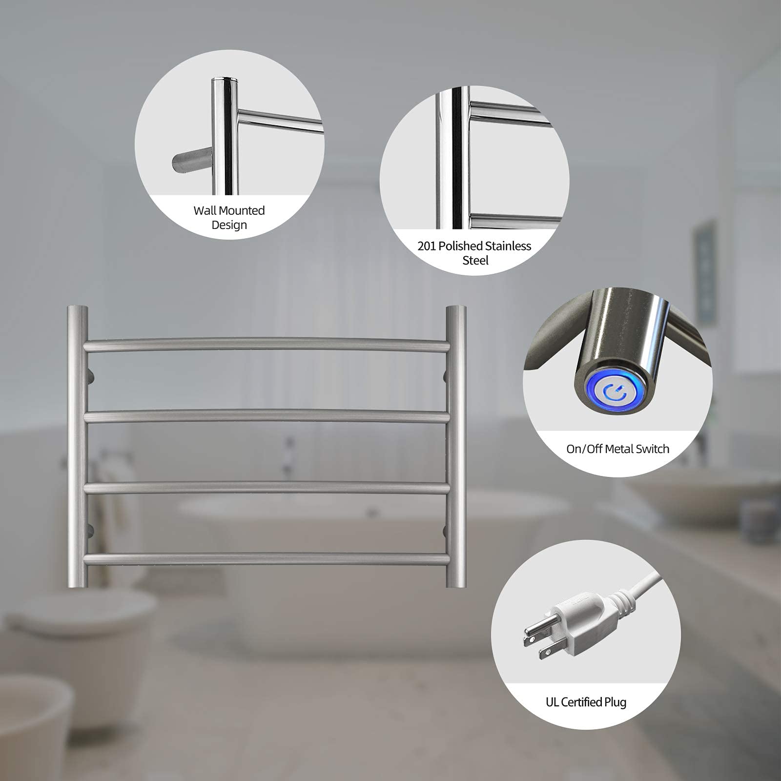 Premium Brushed Nickel Electric Towel Warmer - Wall Mounted Bathroom Heated Towel Rack with 4 Stainless Steel Bars (16.54x23.62x5.51 inches, 40W) - Perfect for Spa-Like Bathroom Luxury & Quick Drying
