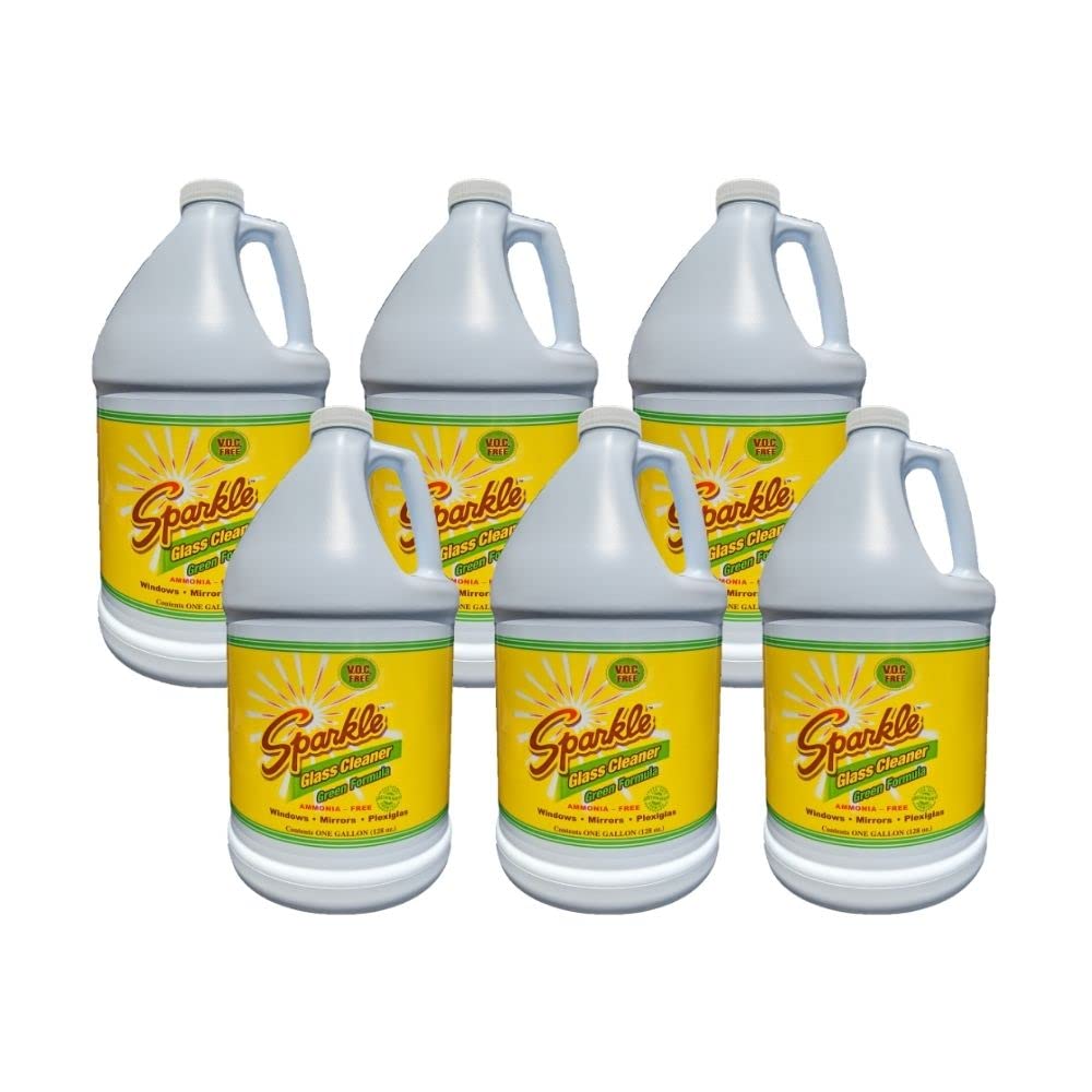 Sparkle Glass Cleaner Refill Bottle - Ammonia-Free, Streak-Free Green Formula, V.O.C Free - 1 Gallon (128 Fl Oz) - Pack of 6 - Perfect for Windows, Mirrors, Glass Tables & Household Cleaning