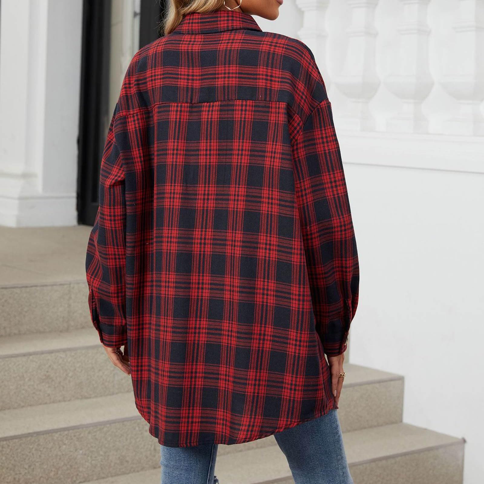 Women's Lightweight Long Sleeve Plaid Cardigan Sweater - Button Down Flannel Shirt with Pockets - Cozy Fall Layering Piece for Office, Casual Outings & Travel