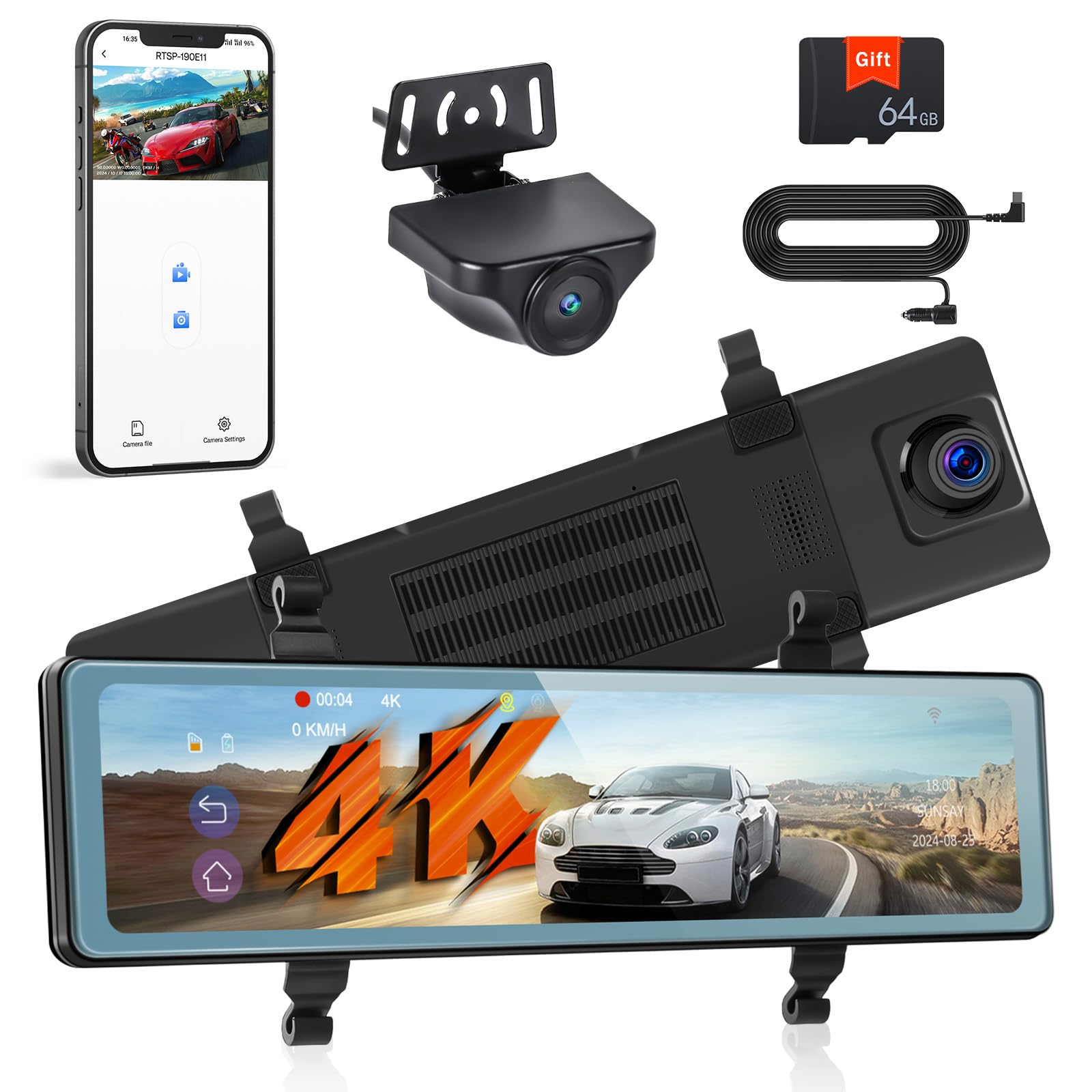 4K WiFi Mirror Dash Cam 11.26 Inch with Front and Rear View, 1080P Backup Camera for Cars & Trucks - Includes GPS, 64GB Card, Full HD Touch Screen, Night Vision, Loop Recording, G-Sensor & Parking Monitor - Perfect for Road Trips, Daily Commutes and Enhanced Vehicle Safety