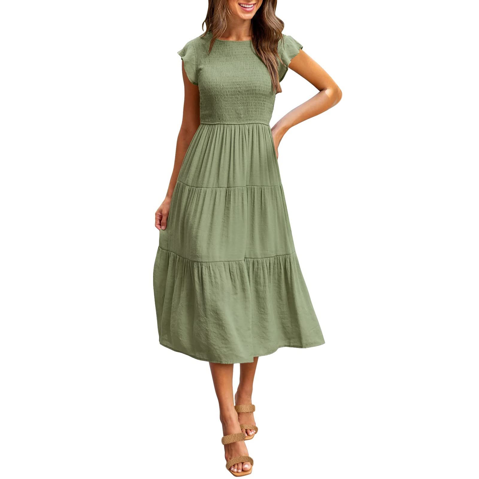 Elegant Midi Dress for Wedding Guest - Women's Summer Casual Flutter Short Sleeve Crew Neck Smocked Elastic Waist Tiered Dress - Perfect for Garden Parties, Bridal Showers & Summer Events