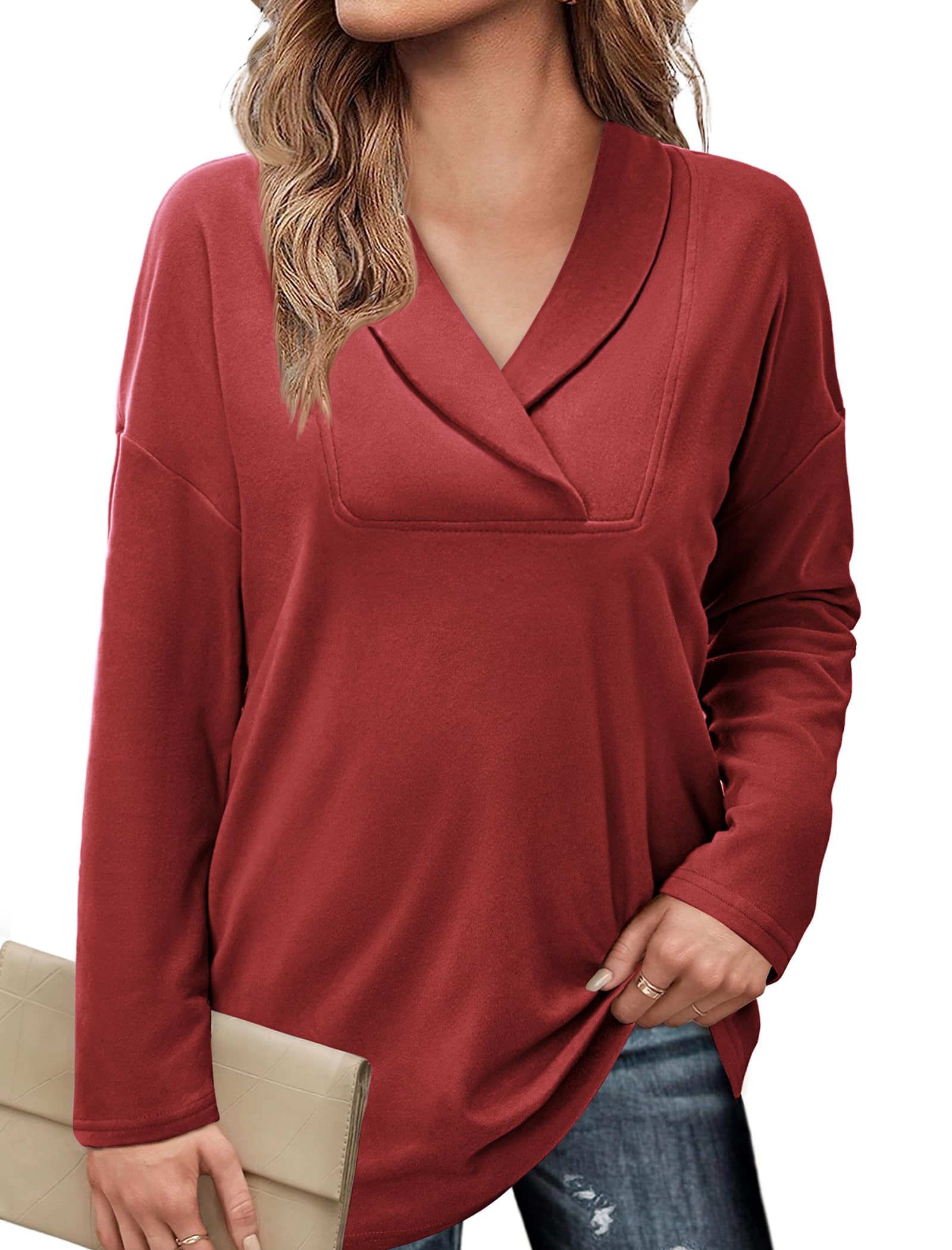 BZB Women's Polo Shirts - Shawl Neck Long Sleeve Tunic Tops for Leggings | Casual Workwear & Yoga Outfits