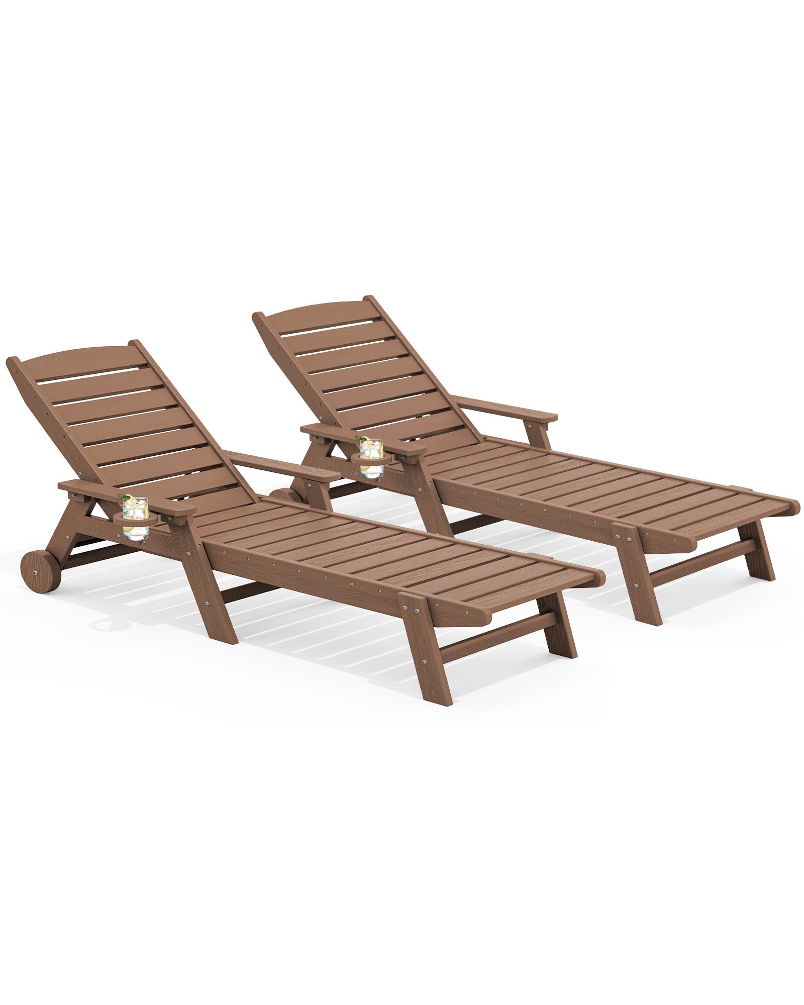 SERWALL 2-Piece Adjustable Patio Chaise Lounge Chair Set - 5-Position HDPE Outdoor Lounge Chairs with Rolling Wheels & Cup Holder - Perfect for Poolside, Deck, Garden, and Backyard Relaxation - Brown