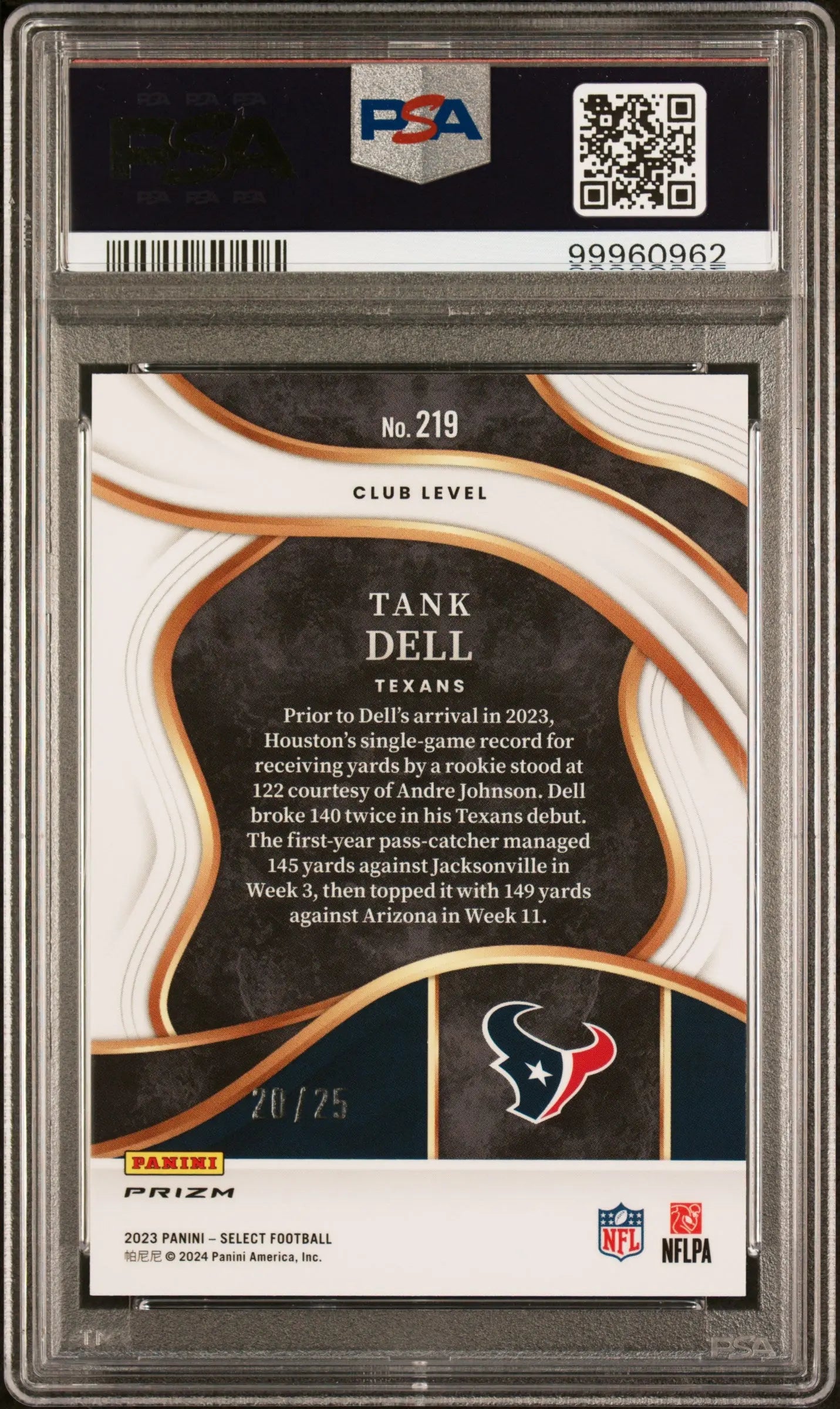 2023 Panini Select Football Tank Dell Rookie Tie Dye Prizm PSA 10 /25 - Rare Collectible for NFL Fans & Card Investors - Perfect for Display, Trading, and Sports Memorabilia Collections
