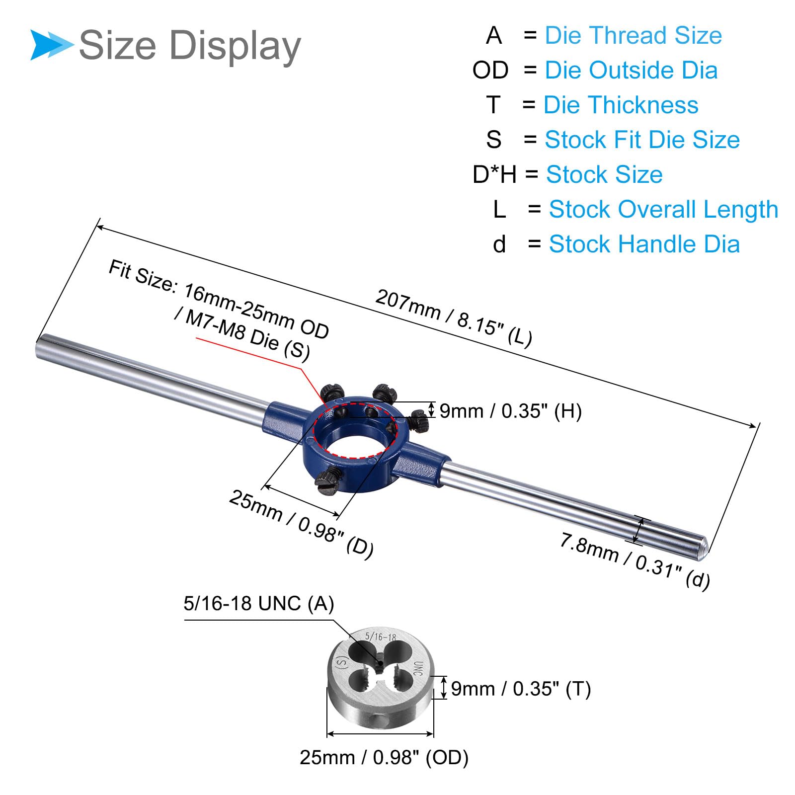 5/16-18 UNC Thread Die Handle Set with 16mm-25mm OD / M7-M8 Die Wrench Tool Kit - Perfect for Thread Repair & Pipe Fixing - Ideal for Plumbing, Automotive, and DIY Projects