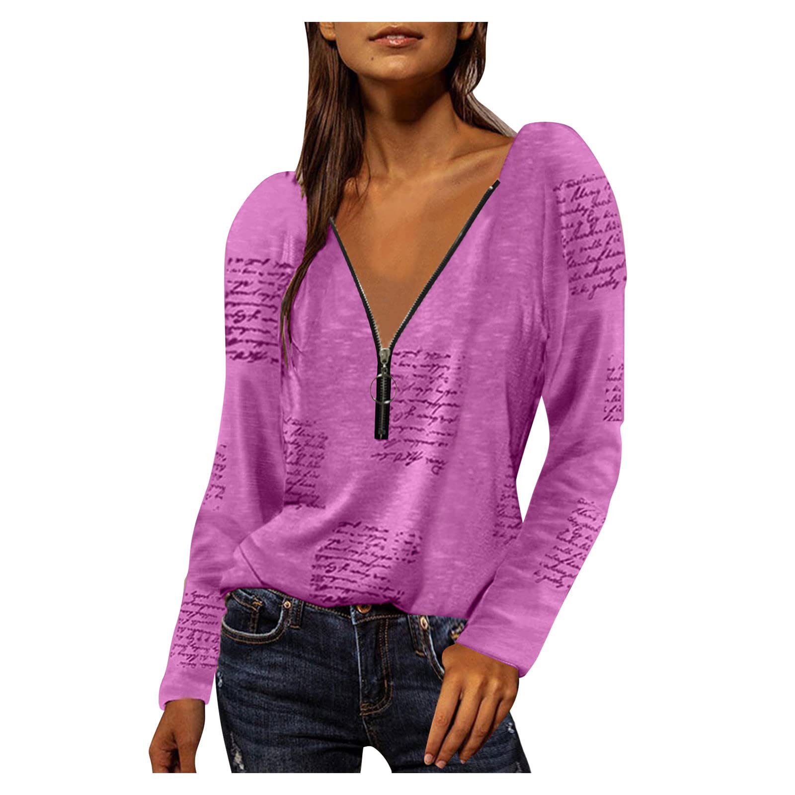 Trendy Women's Sexy Zipper Print V-Neck T-Shirt - Plus Size Fashion Blouse with Letter Design for Casual Wear & Night Out
