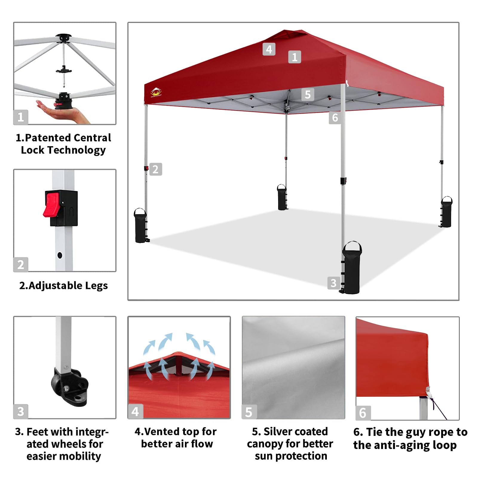10x10 Pop Up Canopy Tent - Instant Setup Beach Shade with Carry Bag - Portable Outdoor Shelter for Camping, Picnics, Backyard Parties & Tailgating - Silver Coated Top UV Protection Gazebo (Red)