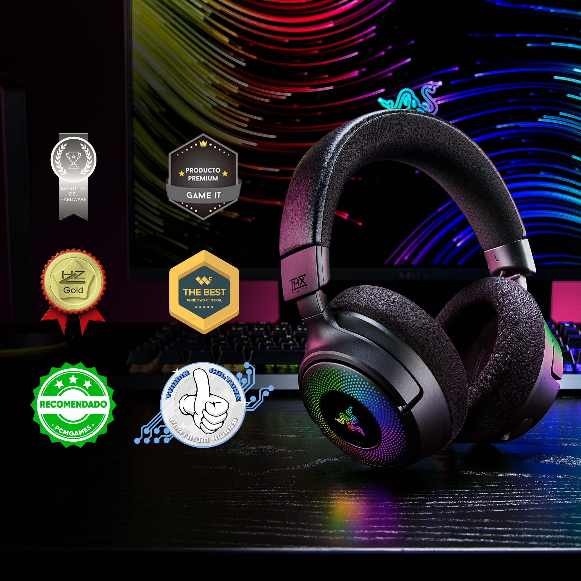 Razer Kraken V4 Wireless Gaming Headset with 2.4GHz & Bluetooth - 40mm Drivers, Super Wideband Mic, 9-Zone RGB Lighting - Compatible with PC, Mac, PS5, Switch, Steam Deck, Smartphones - Black (Renewed) - Perfect for Competitive Gaming & Streaming